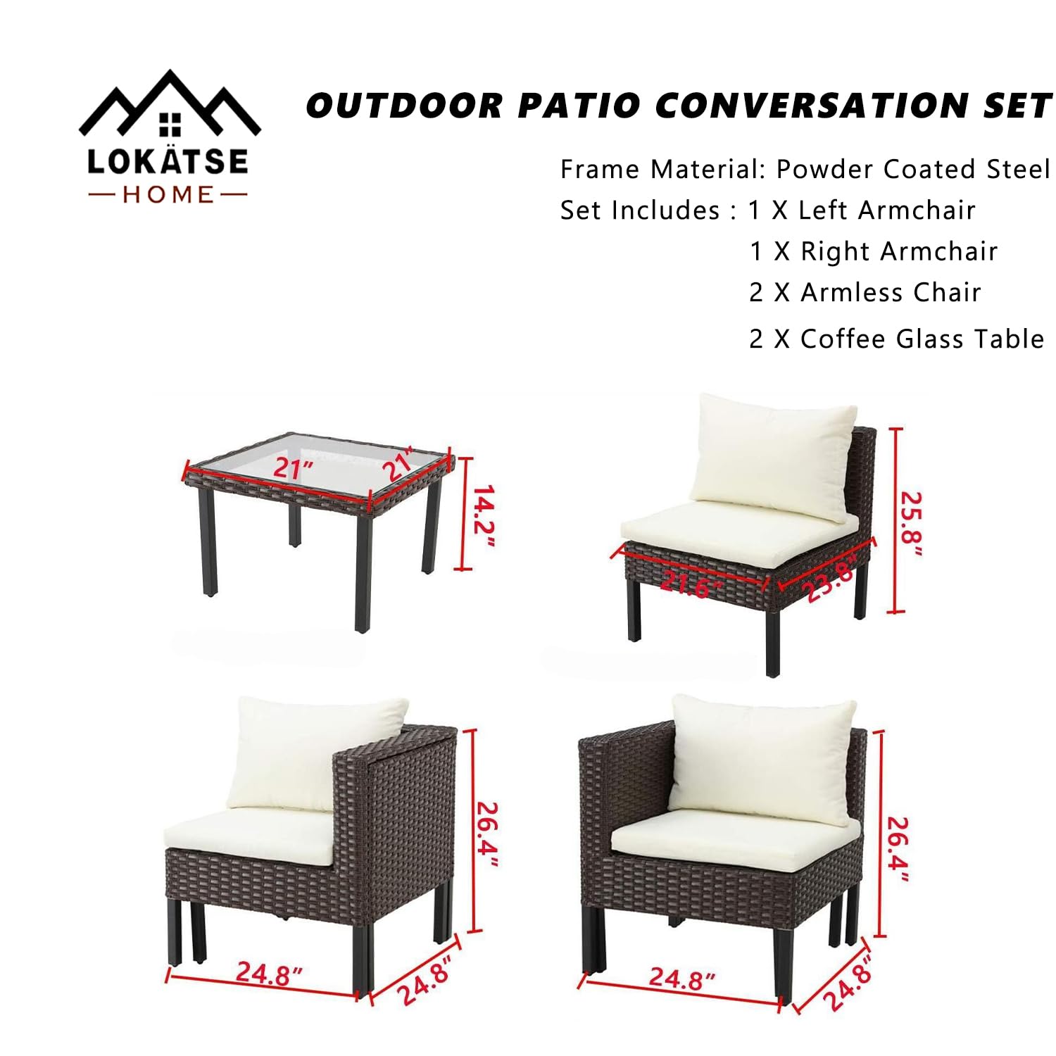 LOKATSE HOME 6-Piece All-Weather Outdoor Patio Furniture Set - Brown Wicker Rattan Sofa Chairs with Beige Cushions & Glass Coffee Table - Perfect for Garden, Poolside, and Backyard Relaxation