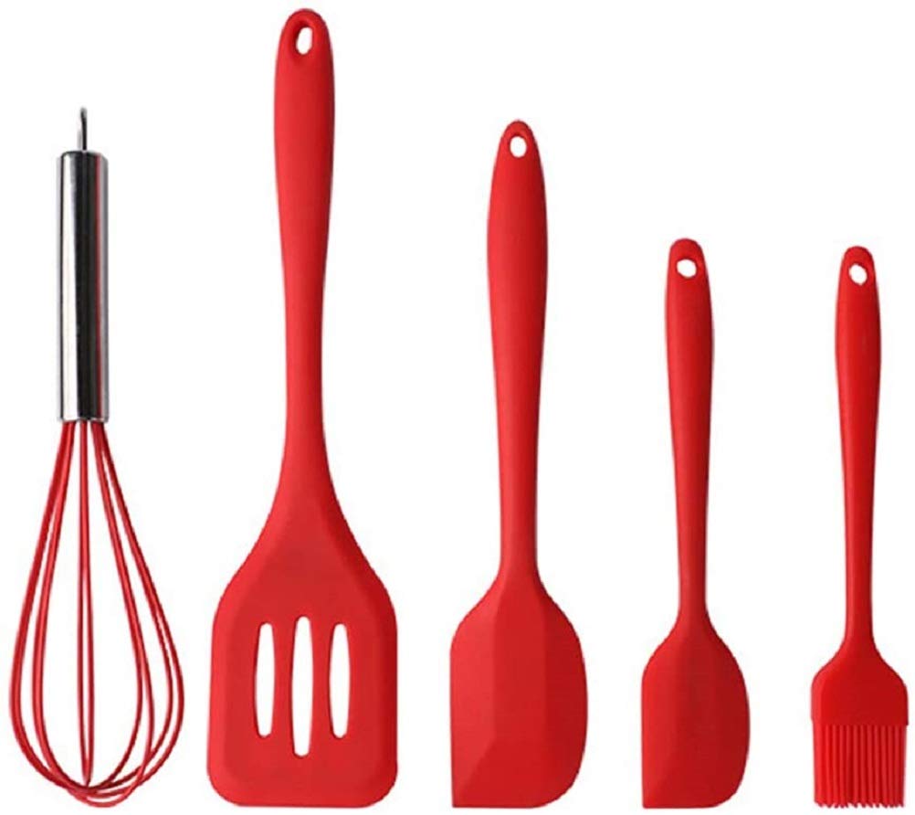 5-Piece Silicone Kitchen Utensil Set - Heat-Resistant Spatula, Brush & Cooking Tools - Non-Stick, Dishwasher Safe - Perfect for Baking, Frying & Everyday Cooking (Red)