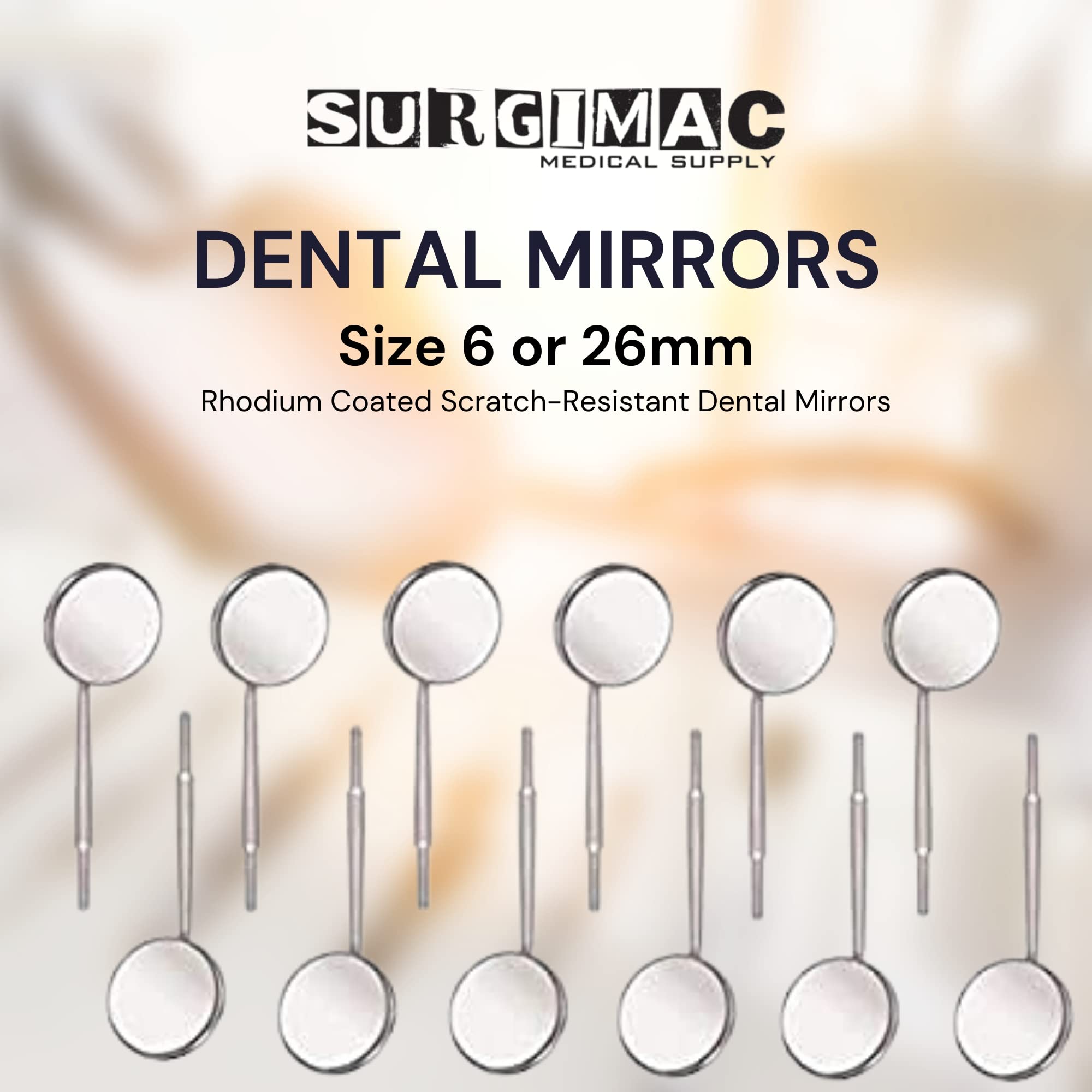 **Rhodium-Coated Dental Mirrors - 12Pcs/Box - Front Surface Diagnostic Intraoral Mouth Mirror for Dentists & Hygienists - Stainless Steel Cone Socket - Size 6/26mm - Perfect for Dental Exams, Cleanings & Oral Surgery**
