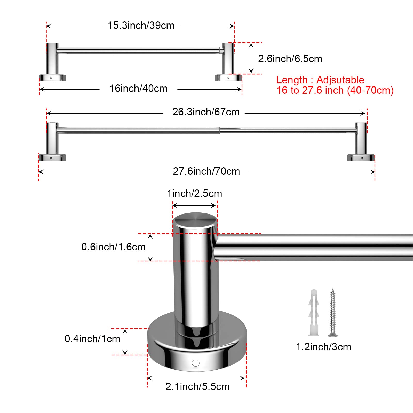 Adjustable Polished Chrome Towel Bar 16-27.6 Inch - iMomwee 304 Stainless Steel Bathroom Towel Rack - Wall Mounted Retractable Towel Rod with S Hooks - Perfect for Small Bathrooms, Vanities & Spa-Style Showers