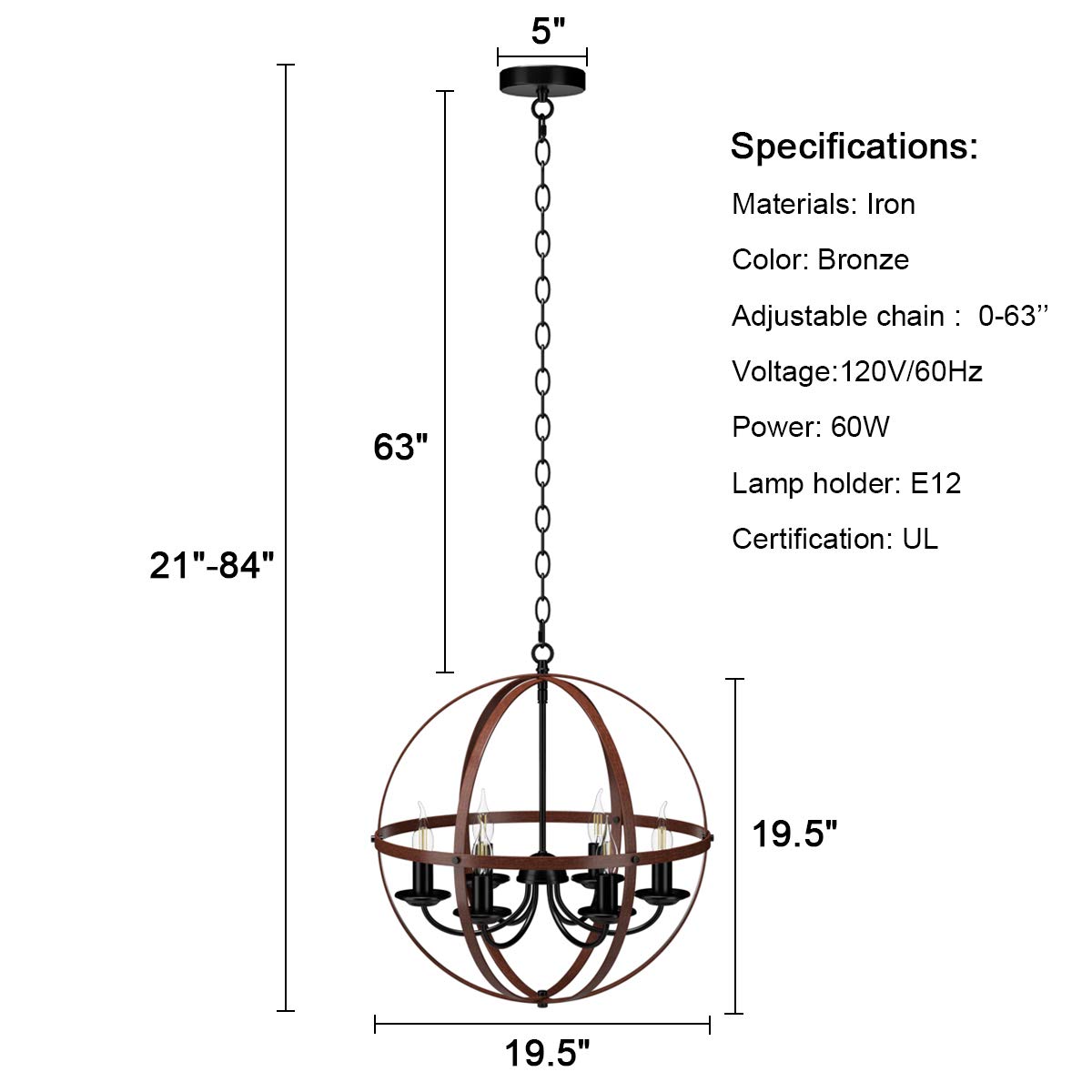 Tangkula 6-Light Industrial Chandelier - Bronze Metal Spherical Pendant Ceiling Light with Adjustable Chain for Dining Room, Kitchen, Living Room | Modern Farmhouse & Loft Style Lighting Fixture