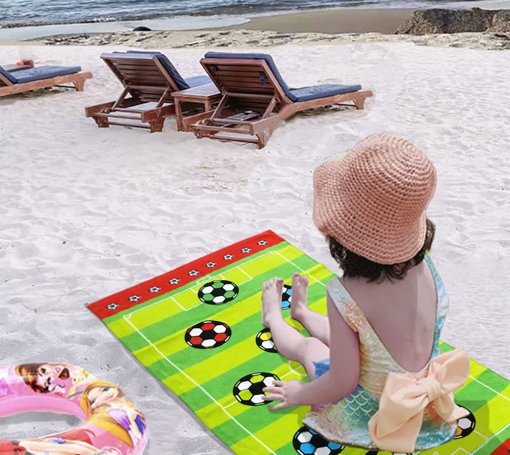 YIFONTIN Super Soft Absorbent Cotton Soccer Beach Towel 24X48 Inches - Quick Dry Sports Towel for Swimming, Bathing, Camping, Picnics & Outdoor Activities - Green Stripes Design for Kids & Adults