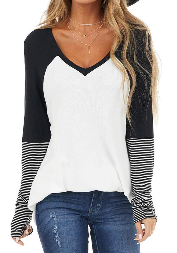 Langwyqu Women's Color Block V-Neck Long Sleeve T-Shirt - Striped Casual Loose Fit Tunic Top for Everyday Wear, Work & Weekend Outfits