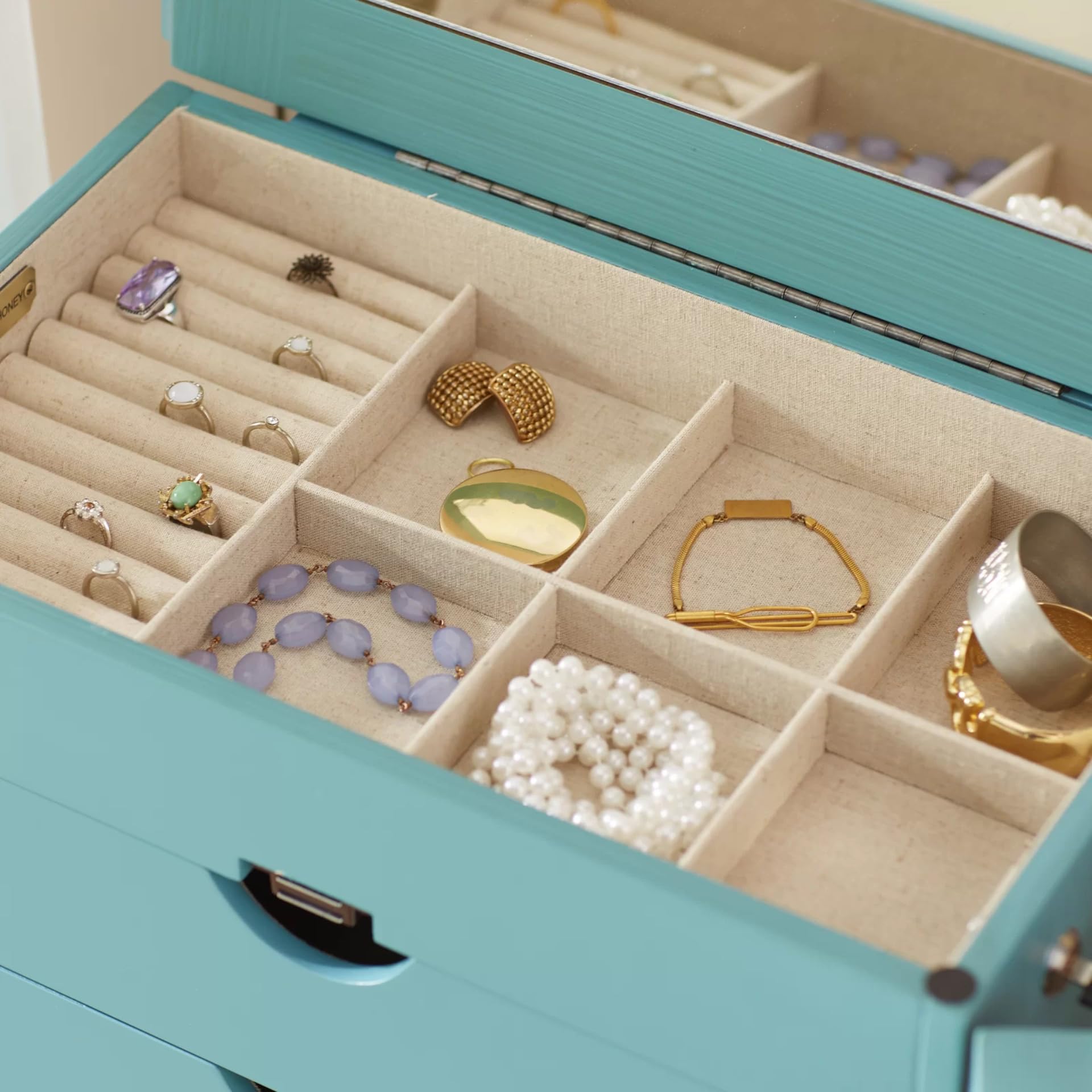 Carson Fully Locking Jewelry Armoire with Mirror - Large Turquoise Jewelry Storage Organizer for Necklaces, Rings & Earrings | Perfect for Bedroom, Closet & Travel