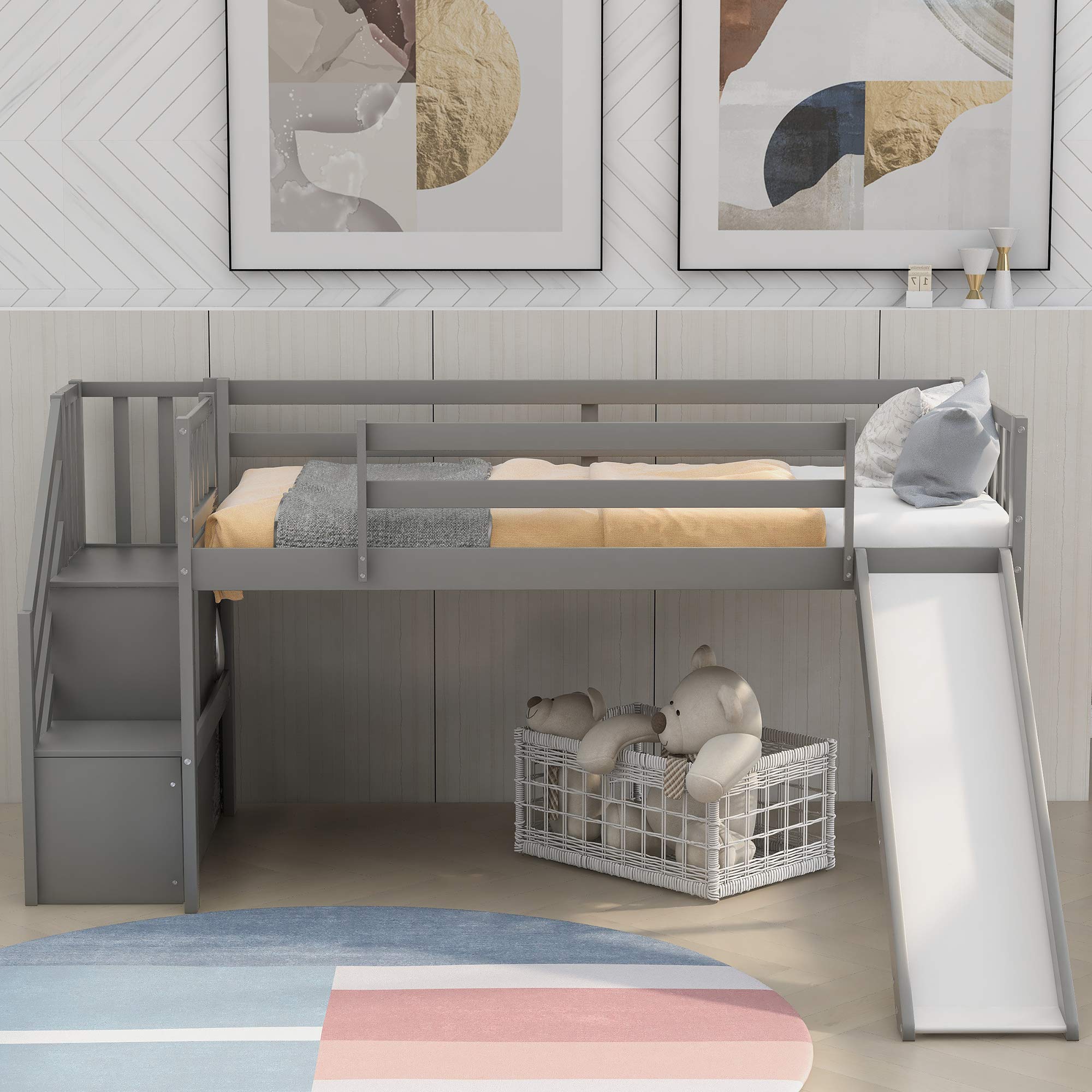 Solid Wood Twin Size Floor Loft Bed with Slide & Staircase - Low Bunk Bed for Kids & Teens, No Box Spring Required - Perfect for Small Bedrooms, Dorm Rooms & Play Areas (Gray)