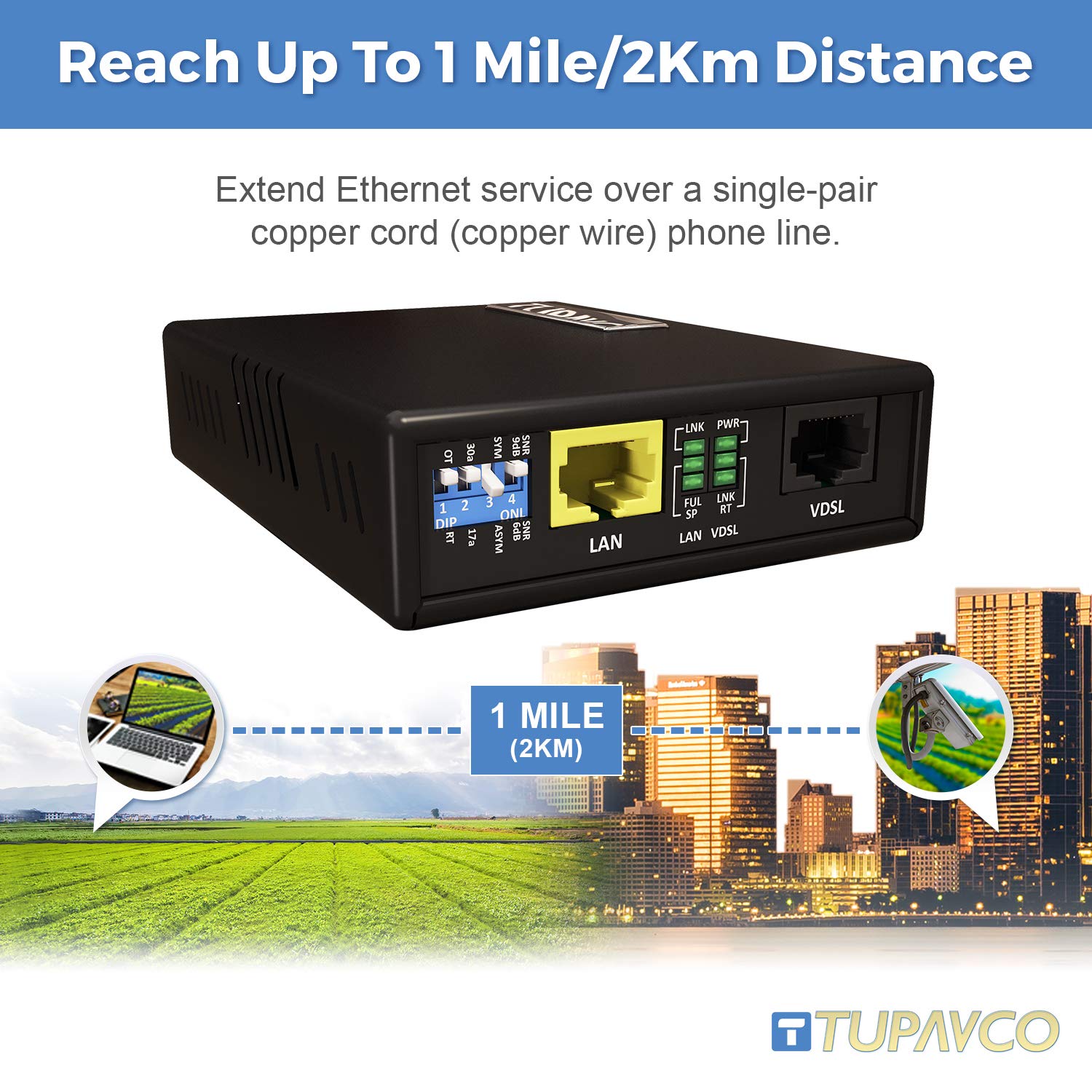 Tupavco TEX-100 Ethernet Extender Kit - Extend LAN Network up to 7000ft via Phone Line, CAT5/CAT6 Cable or Twisted Copper Wire (Pair of 2 Units) - VDSL Broadband Repeater Booster Bridge for Home, Office & Industrial Networking