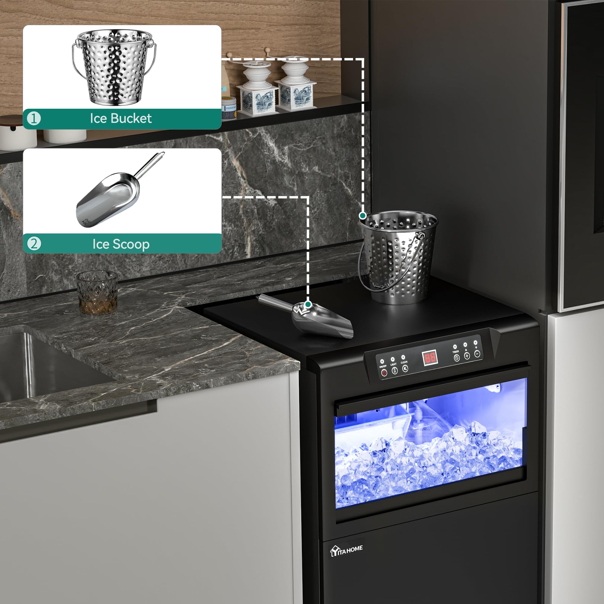 YITAHOME 2-Way Water Inlet Commercial Ice Maker Machine - 100LBS/24H Production, 33LBS Storage Bin - Under Counter or Freestanding Ice Machine with Stainless Steel Ice Scoop & Bucket - Perfect for Restaurants, Bars, Cafes, and Home Use