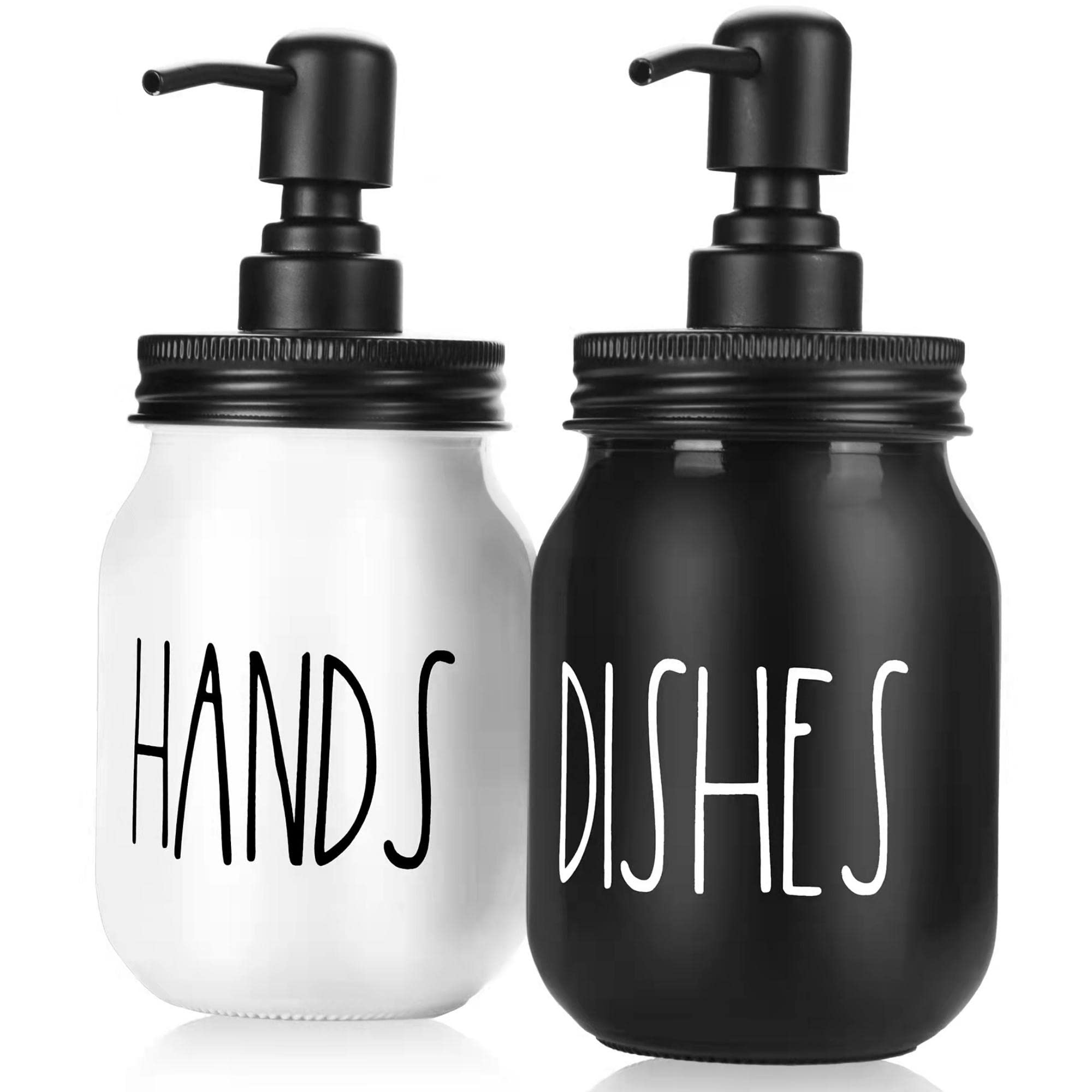 Brighter Barns Mason Jar Soap Dispenser Set - Farmhouse Kitchen Decor in Black/White - Glass Hand & Dish Soap Dispenser for Kitchen Sink - Perfect for Rustic and Modern Home Kitchens