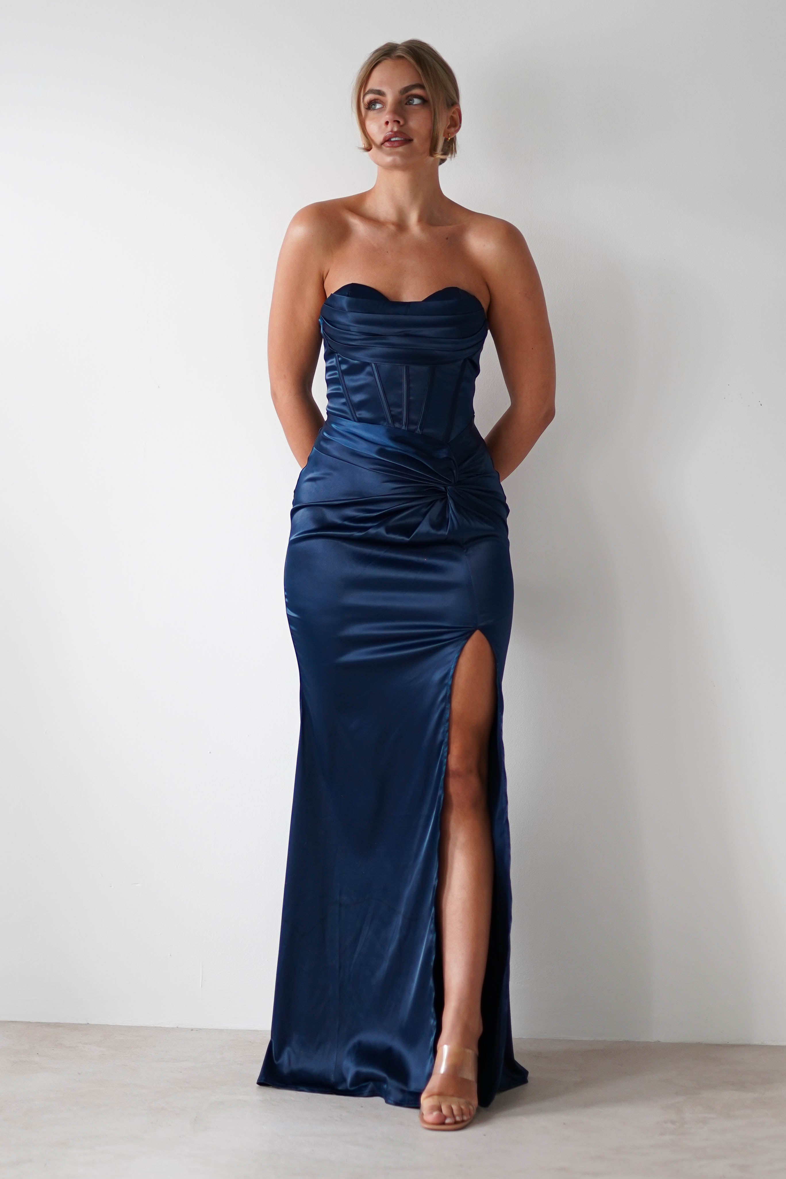 Elegant Navy Blue Soft Corset Maxi Gown for Women - Perfect for Evening Parties, Weddings & Special Occasions