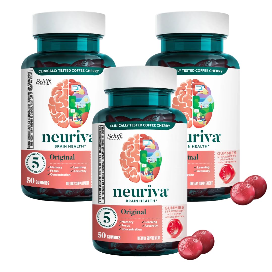 Neuriva Original Brain Health Support Strawberry Gummies - 50 Count (Pack of 3) with Phosphatidylserine & Decaffeinated Coffee Cherry - Clinically Proven Cognitive Supplement for Focus, Memory & Mental Clarity - Perfect for Students, Professionals & Daily Wellness