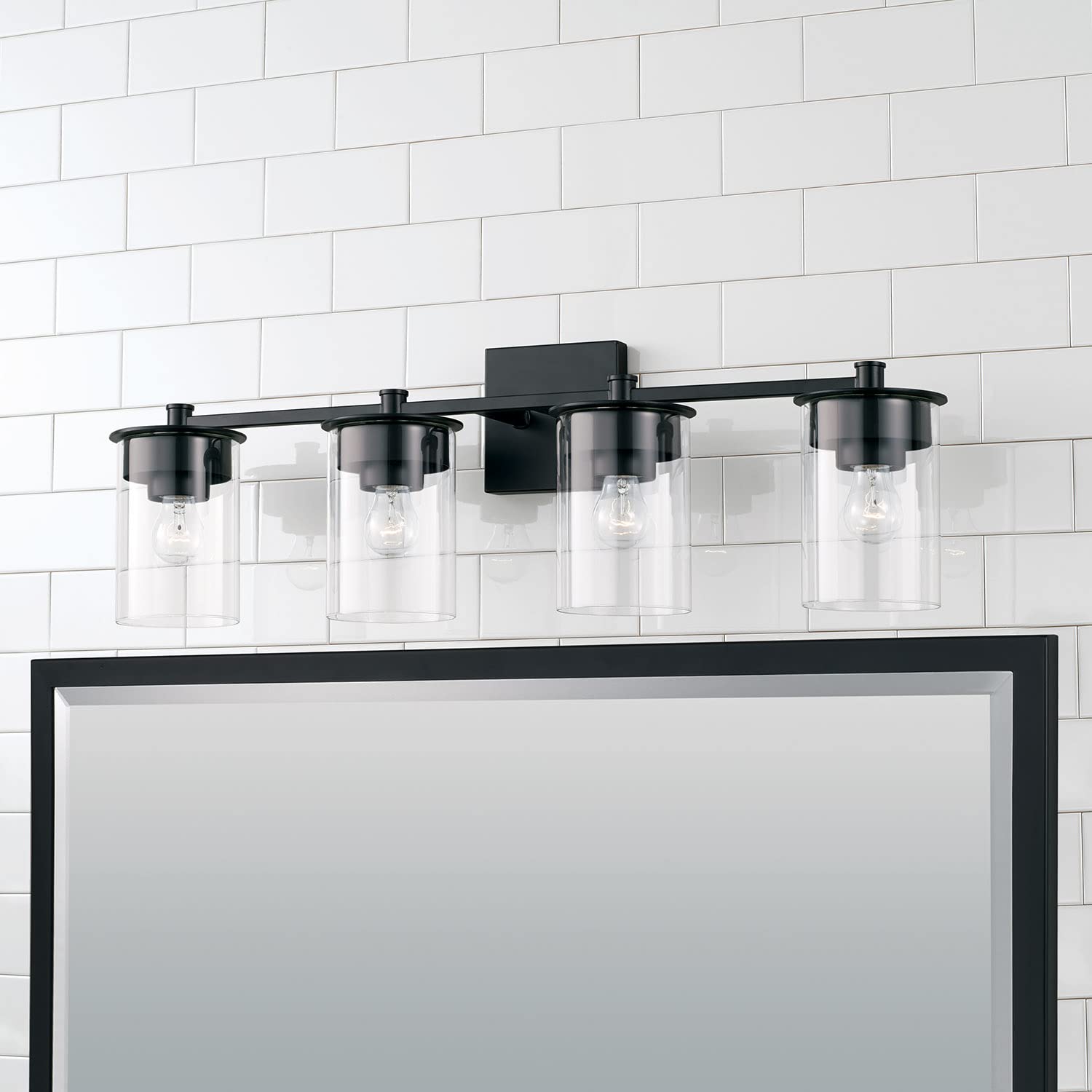 HomePlace Lighting 146841MB-532 4-Light Black Vanity Light with Clear Glass Cylinder - 400W Bathroom Lighting Fixture, 9
