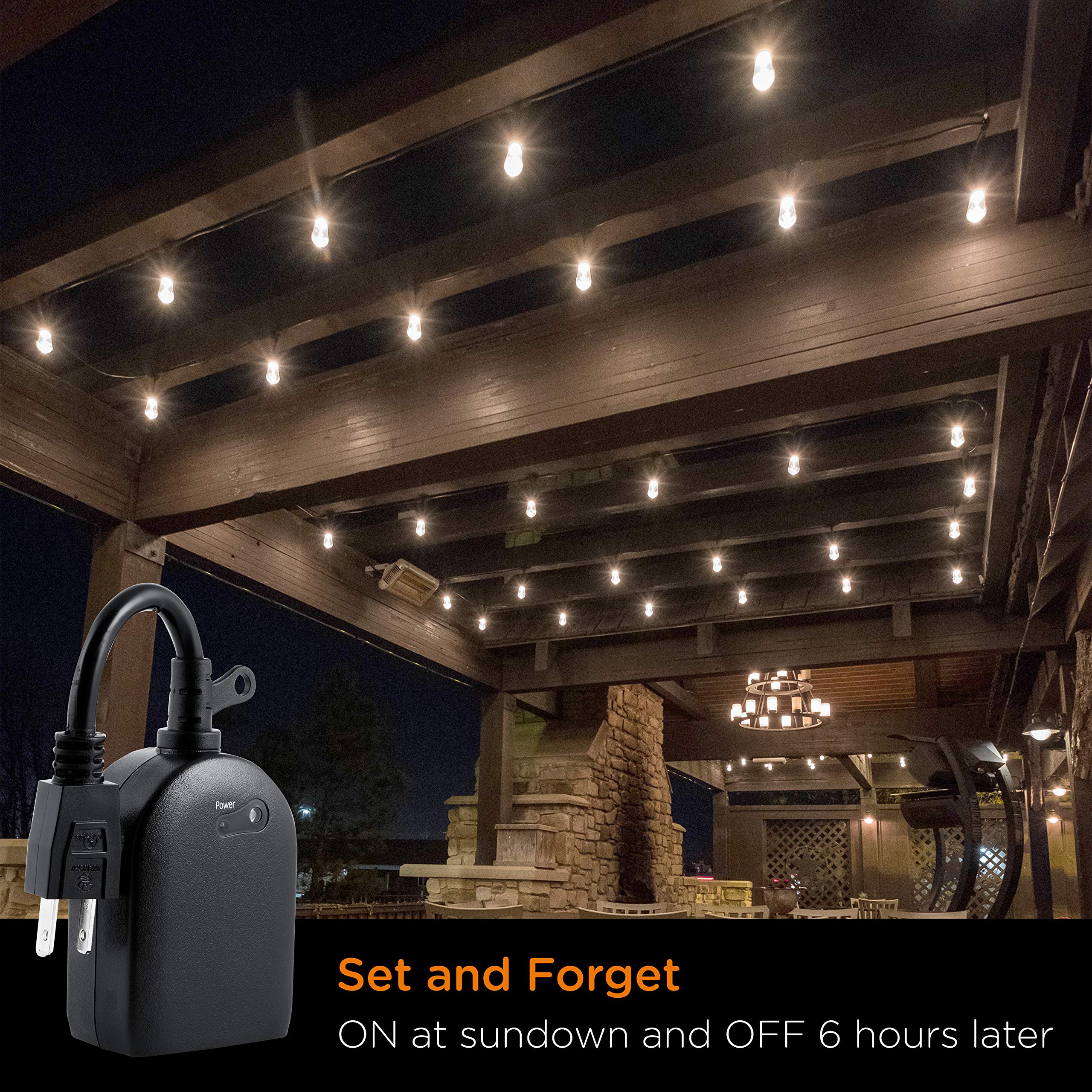 myTouchSmart Outlet Timer - Single Plug-in Light Timer with Light Sensor for Outdoor Lighting, 6-Hour Countdown Timer, Weather Resistant for Seasonal & Landscape Lights (Black, 1 Pack) - Perfect for Patio, Garden, Holiday & Security Lighting
