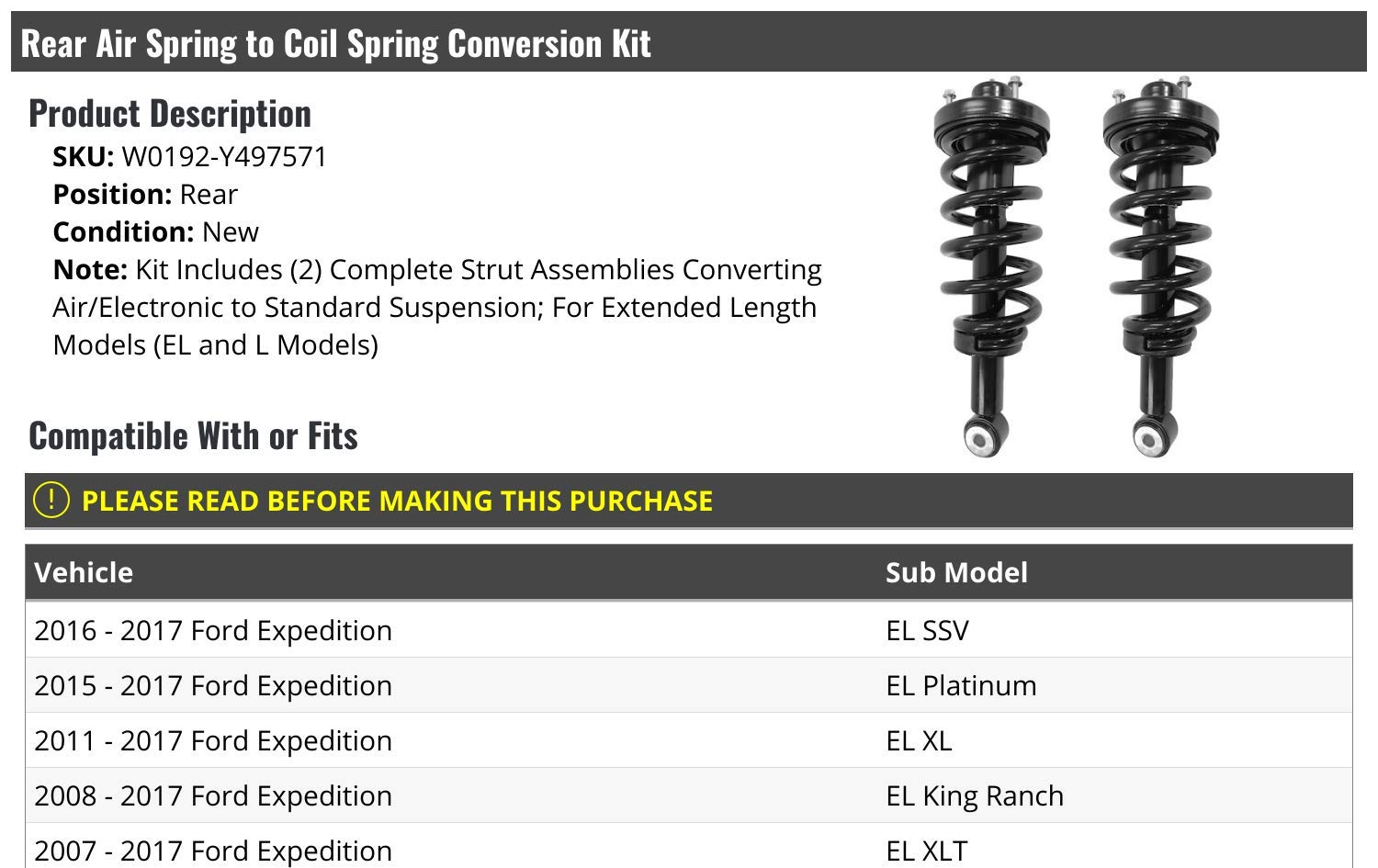 Ford Expedition EL Rear Air to Coil Spring Conversion Kit (2007-2017) - 2 Piece Set - Heavy Duty Suspension Upgrade for Improved Towing & Off-Road Performance