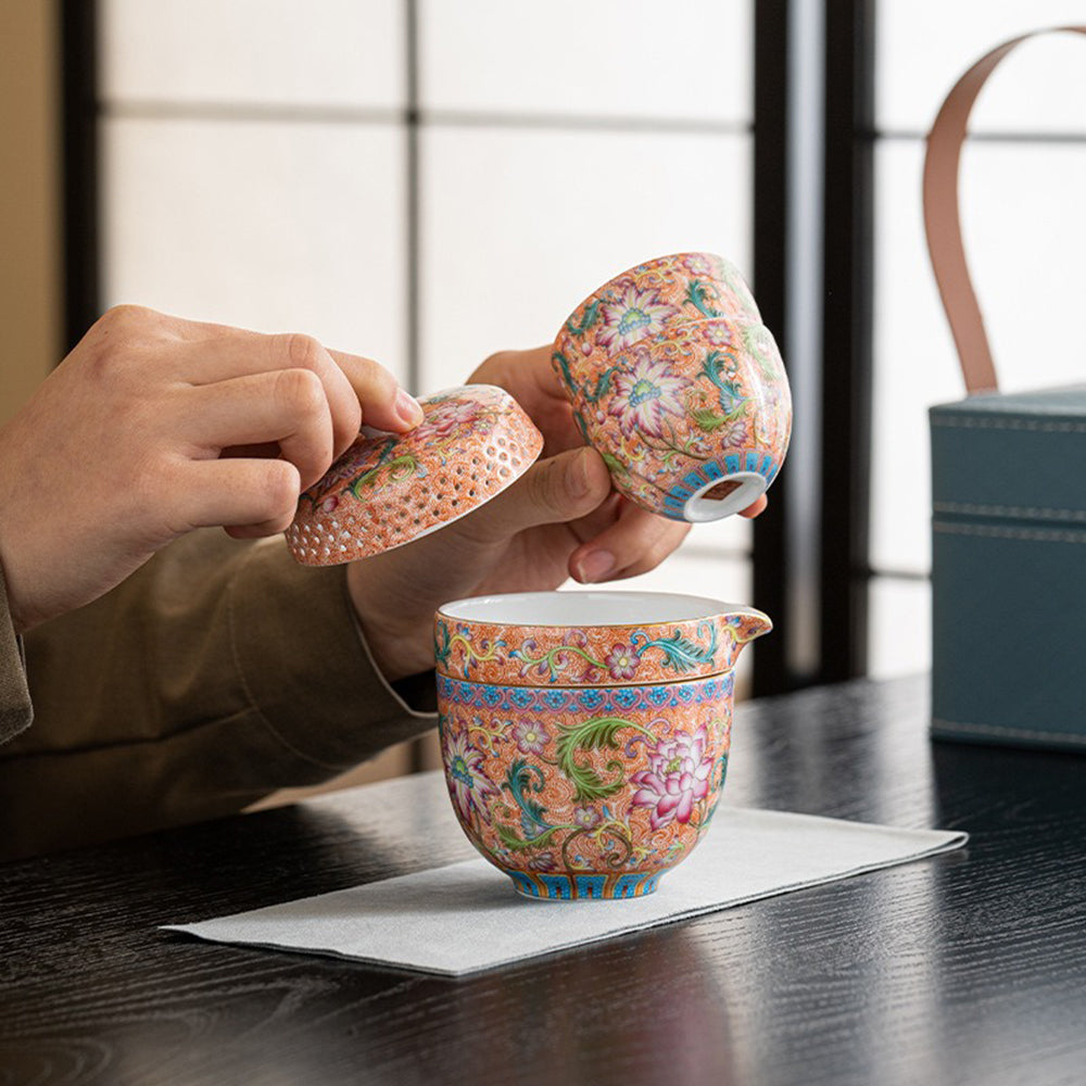 Premium Enamel Travel Tea Set with Leather Carrying Case - Portable Tea Accessories for Camping, Office & Outdoor Adventures