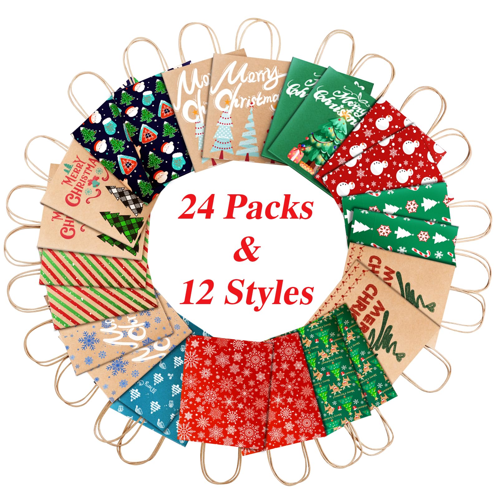 DeckTheHalls Christmas Gift Bags - 24 Pack Small Kraft Paper Holiday Bags with Handles (12 Styles) - Bulk Party Favors, Retail & Goody Bags for Xmas, Holiday Celebrations & Gift Wrapping