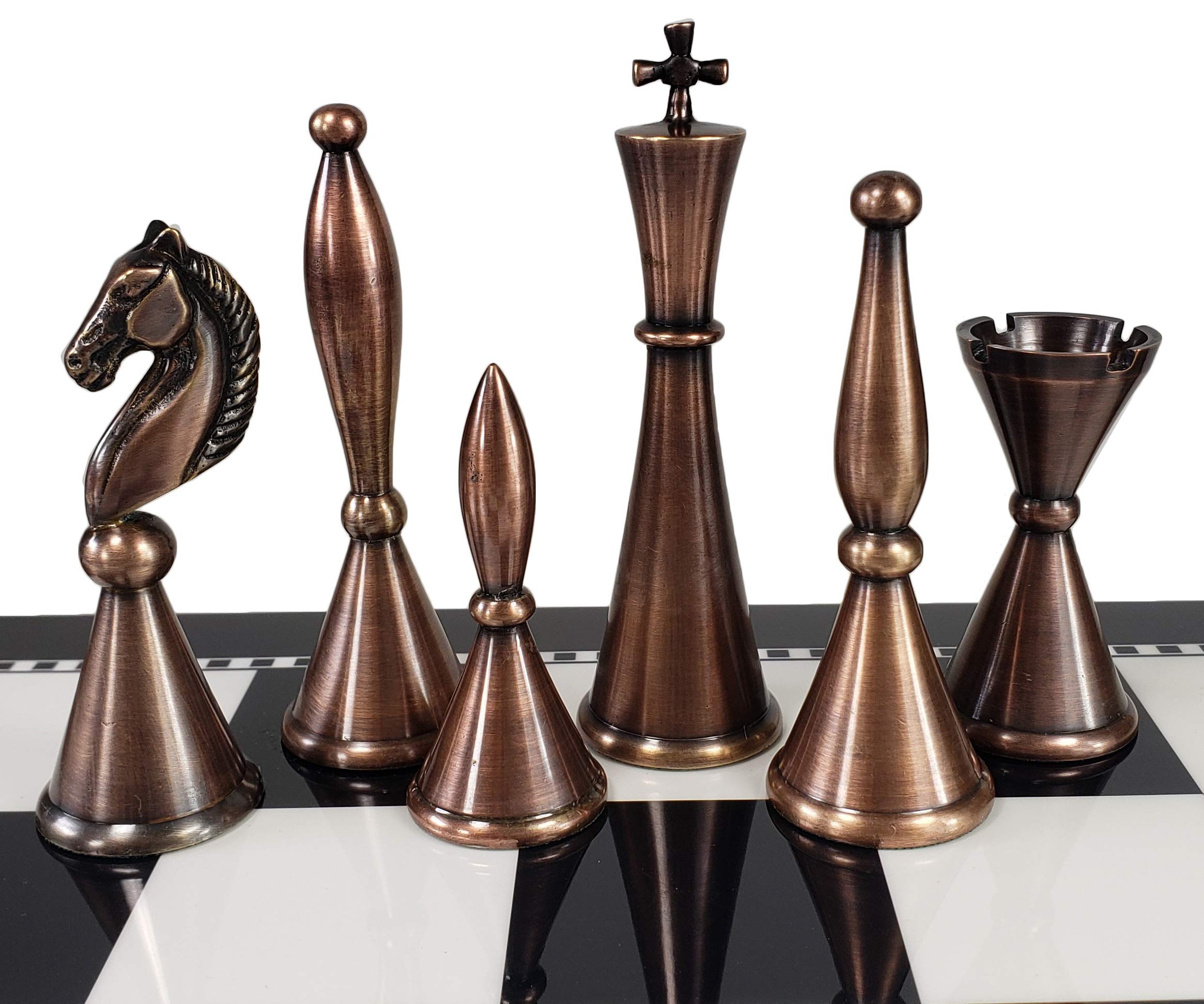 Premium Brass Metal Modern Art Deco Staunton Chess Set - 17 Inch High Gloss Black & White Storage Board - Perfect for Home Decor, Office Display & Professional Chess Tournaments