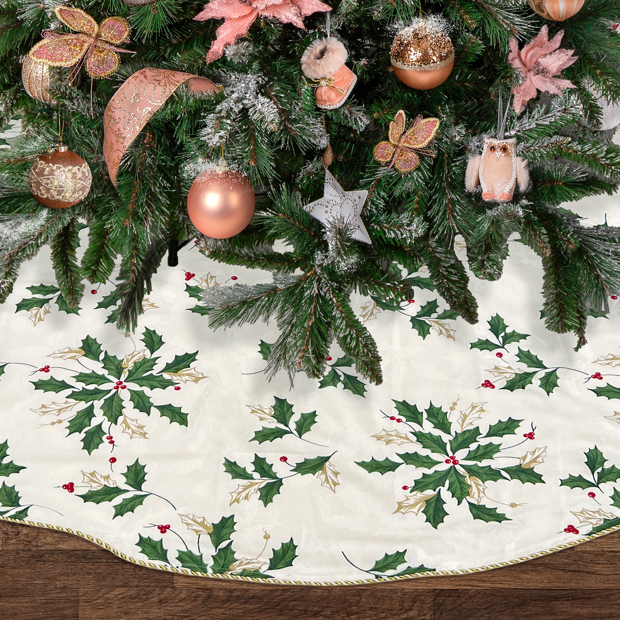 Festive Scattered Holly Christmas Tree Skirt - Holiday Decor for Xmas Tree Base Cover - Perfect for Living Room, Fireplace & Holiday Party Decorations