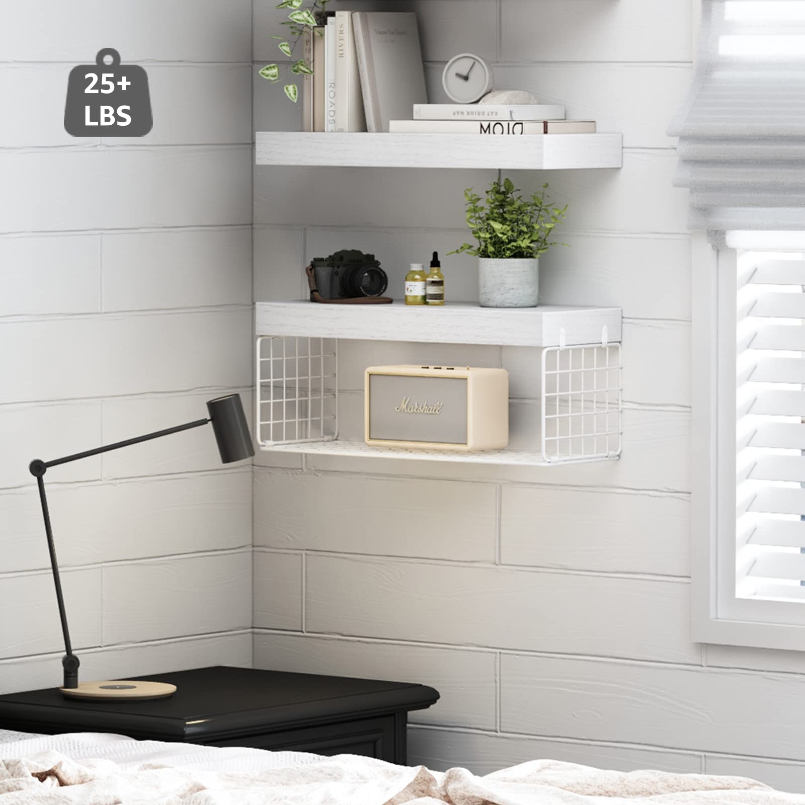 White Floating Bathroom Shelves Over Toilet - 16 Inch Wall Mounted Farmhouse Shelves Set of 2 with Toilet Paper Storage - Perfect for Small Bathrooms, Powder Rooms & Farmhouse Style Decor