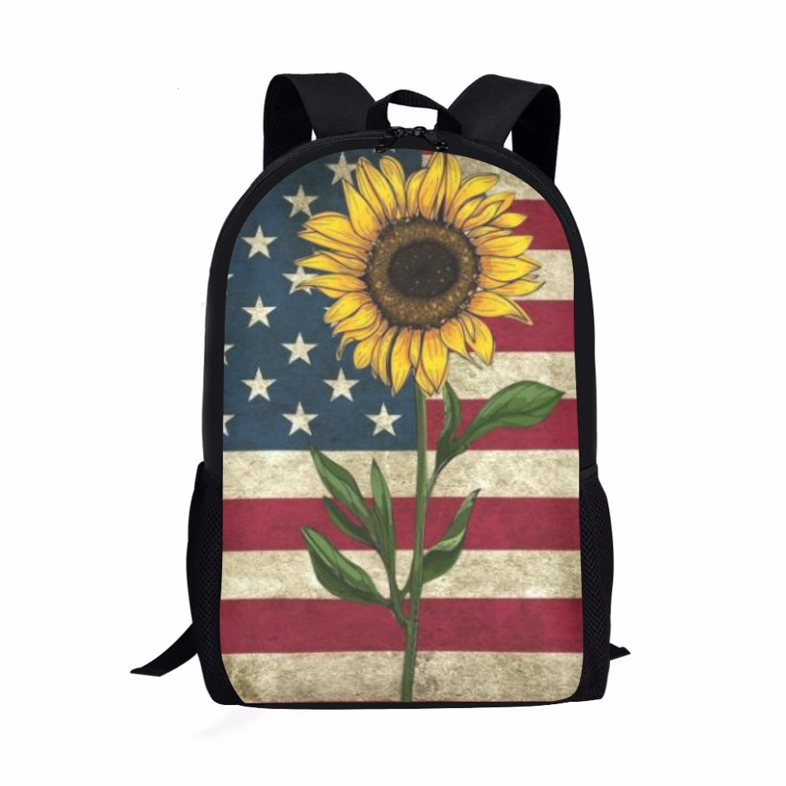 American Flag Sunflower Print School Backpack for Teens & Kids - Durable Bookbag with Zipper, Shoulder Straps - Perfect for School, Travel, and Day Trips