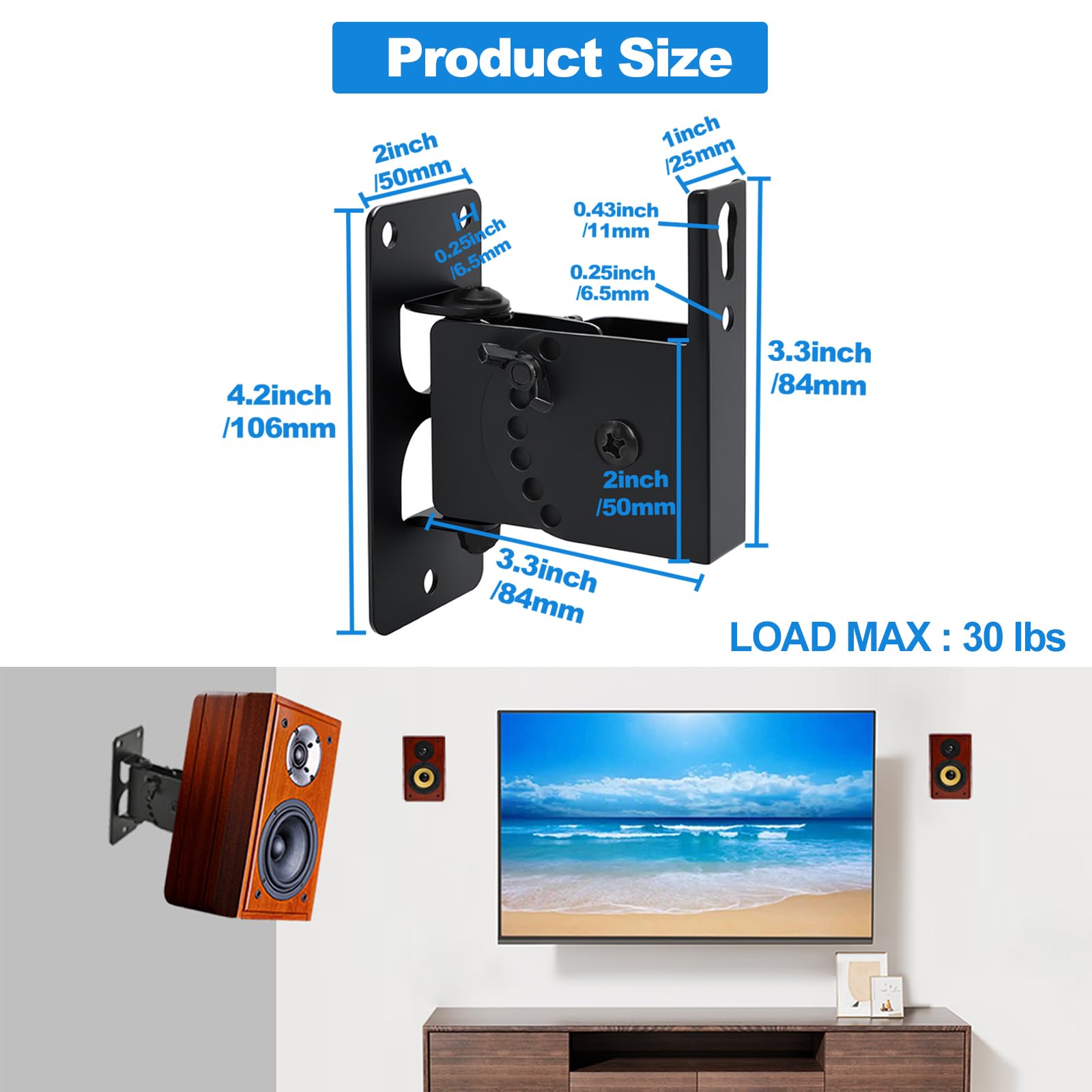 Heavy Duty All Metal Speaker Wall Mount Brackets - Swivel & Tilt for Small Speakers up to 30lbs (2 Pack, Black) - Perfect for Home Theater, Studio & Office Audio Setup