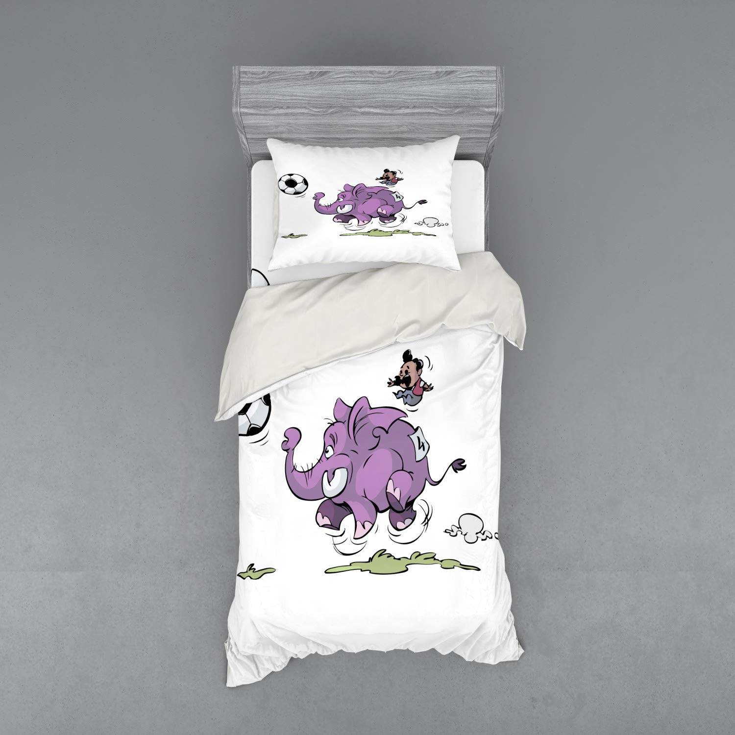 Ambesonne Animal Duvet Cover Set - Soccer Playing Mario Mustache Sports Theme Football Print Bedding - 3 Piece Twin Size Set with Sham & Fitted Sheet in Purple & White - Perfect for Kids' Rooms, Teen Bedrooms & Sports-Themed Decor