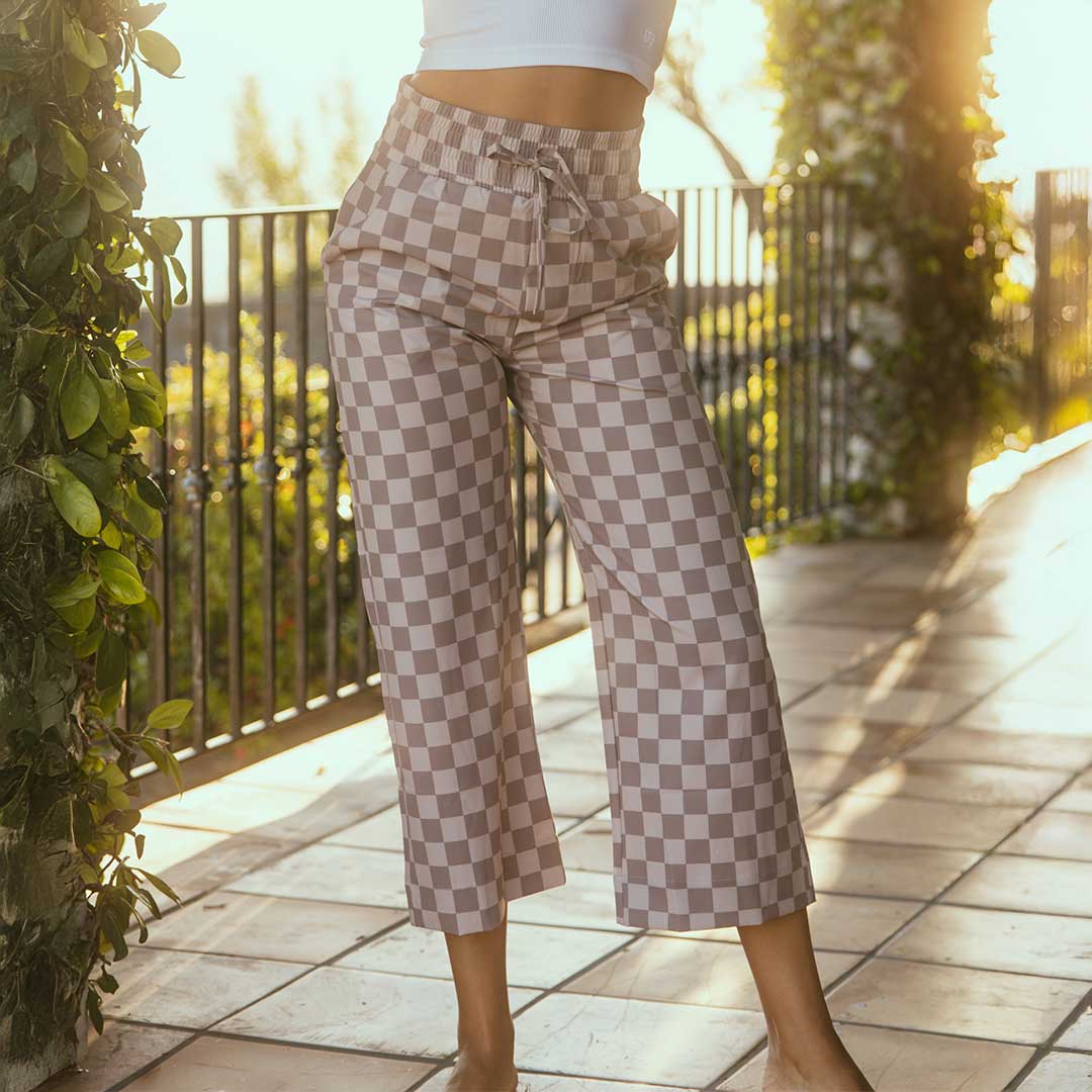 Audrey Wide Leg Pants for Women - Brown Checkered High Waist Trousers | Comfortable Office & Casual Wear | Perfect for Work, Travel & Everyday Outfits