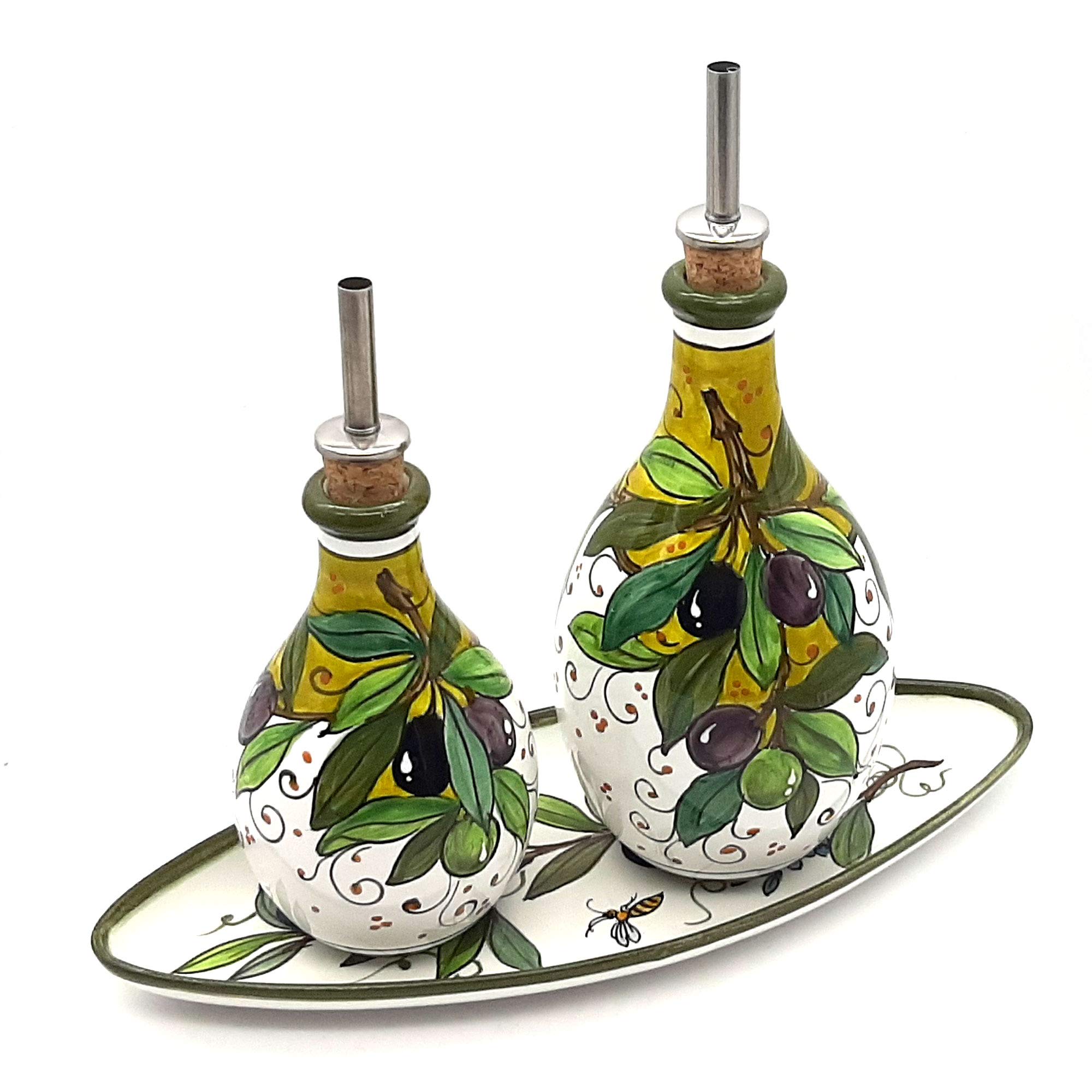 Italian Hand-Painted Ceramic Oil and Vinegar Dispenser Set - Tuscan Olive Design Kitchen Decor - Made in Italy - Perfect for Dining Tables, Kitchen Countertops & Gift Giving