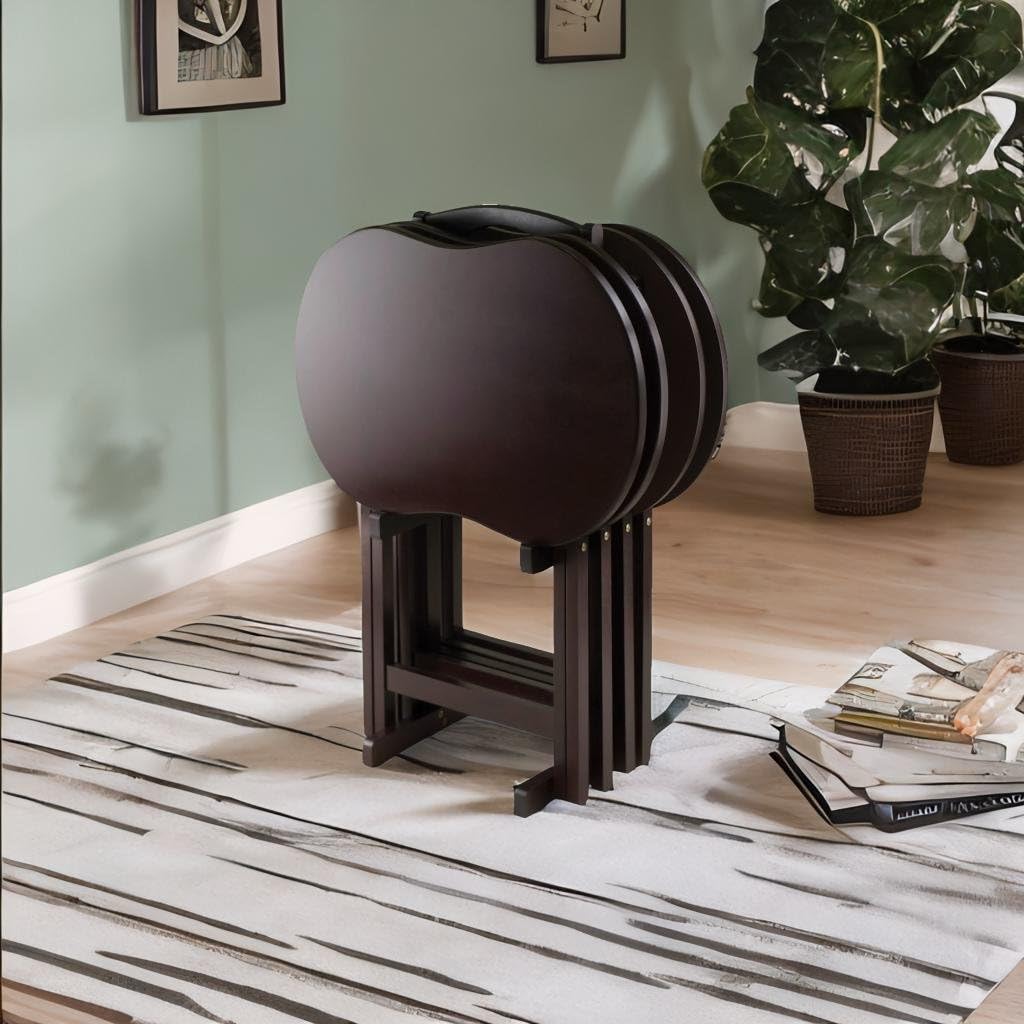 Ergode 5-Piece Wooden Snack Table Set - Dark Brown Folding Side Tables with X-Frame Base & Upright Stand, Easy to Assemble - Perfect for Living Room, Patio, Outdoor Entertaining & Small Space Decor