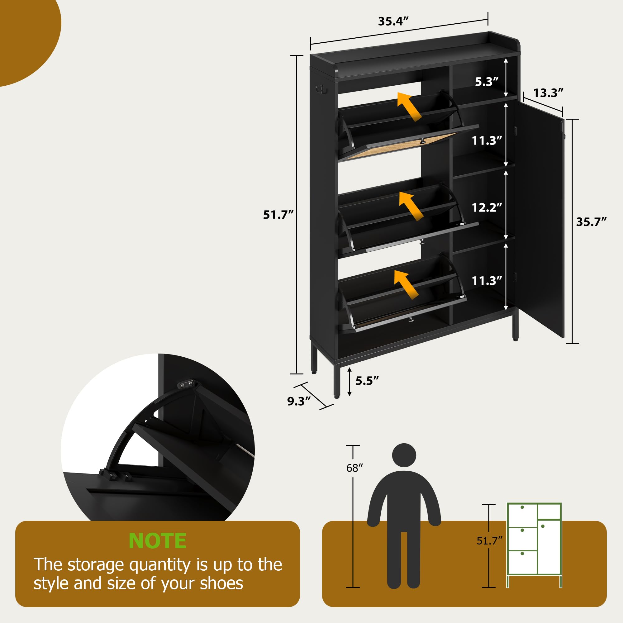 Rattan Shoe Storage Cabinet with 3 Flip Drawers - Freestanding Entryway Organizer with Adjustable Shelves, Narrow Hallway Shoe Rack - Easy Assembly Black | Perfect for Small Spaces, Closet Organization & Entryway Decor