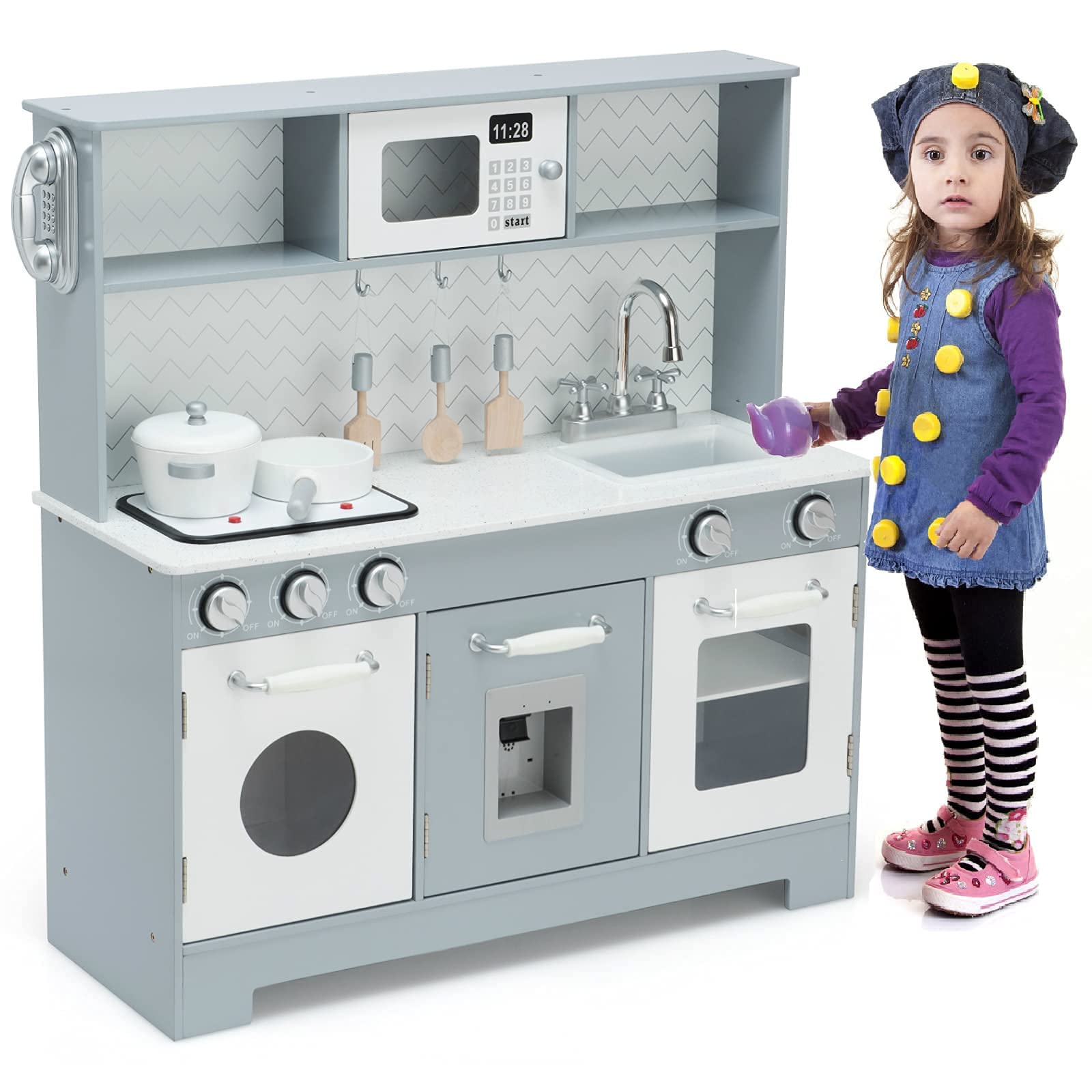 Wooden Kids Kitchen Playset with Sink & Stove - Pretend Play Toy for Toddlers 3+ | Perfect Gift for Boys & Girls | Gray