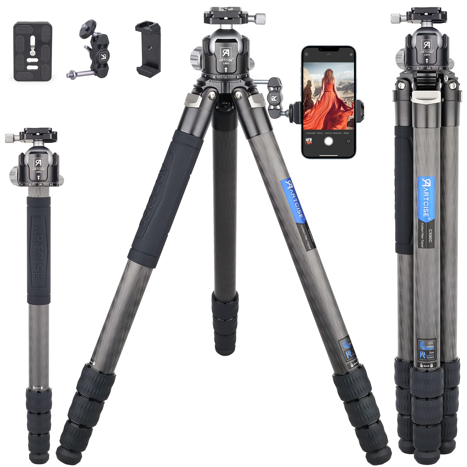 40mm Lightweight Compact Carbon Fiber Tripod with 52mm Low Profile Ball Head - Heavy Duty 10-Layer Carbon Travel Camera Stand, Detachable Monopod - Includes Stone Bag, Magic Arm & Phone Clip (Max Load 30kg) - Perfect for Travel Photography, Vlogging, and Outdoor Adventures