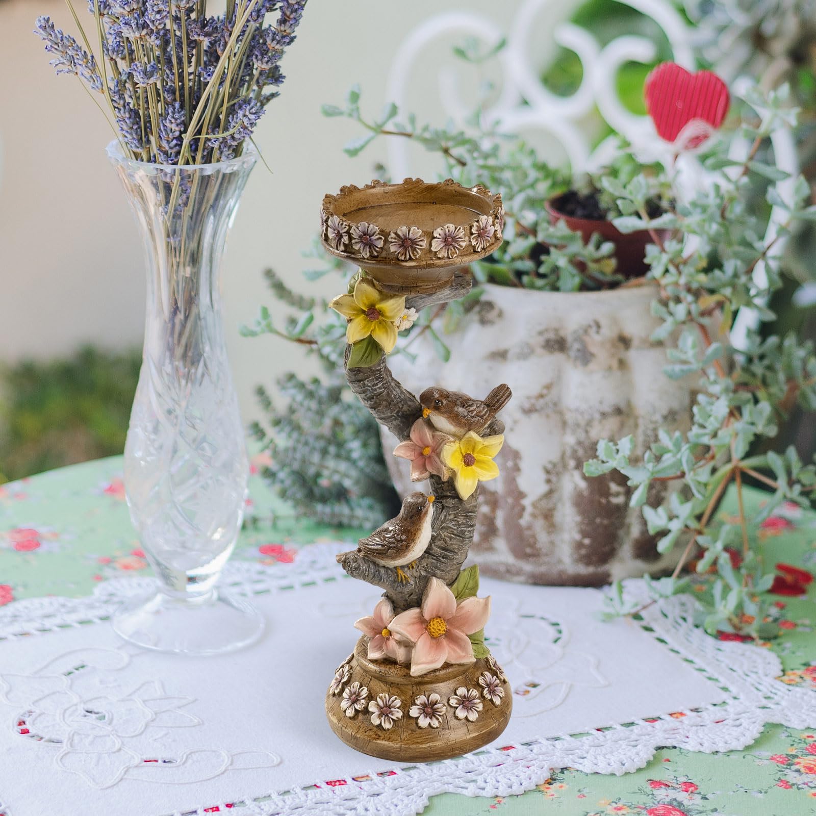 11.6in Resin Spring Figurine with Bird & Flower - Decorative Candle Holder for Pillar Candles, Home Mantel & Table Centerpiece - Perfect for Spring Home Decor, Easter Decorations & Seasonal Tablescapes