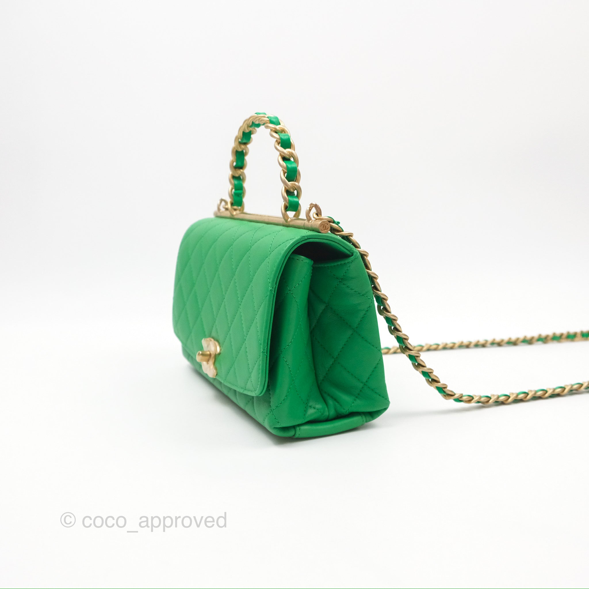 Chanel CC Quilted Flap Bag With Top Handle - Green Calfskin Leather Crossbody Bag with Gold Hardware | Luxury Designer Handbag for Women, Perfect for Date Night & Special Occasions