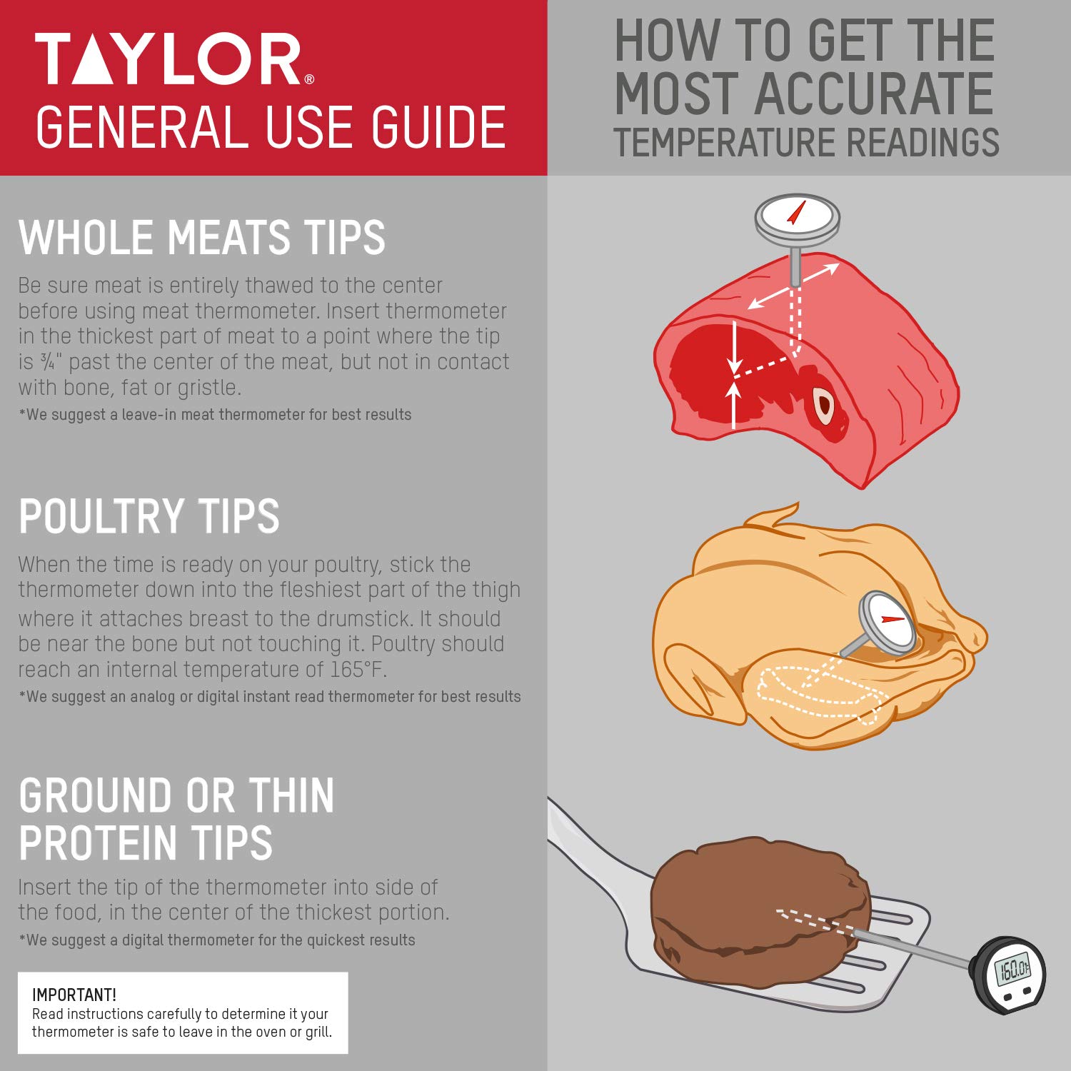 Taylor Stainless Steel Meat Thermometer - 3 Inch Analog Dial, Oven Safe, Leave-in for Grilling, BBQ, Roasting & Baking - Perfect for Kitchen, Cooking, and Food Temperature Monitoring