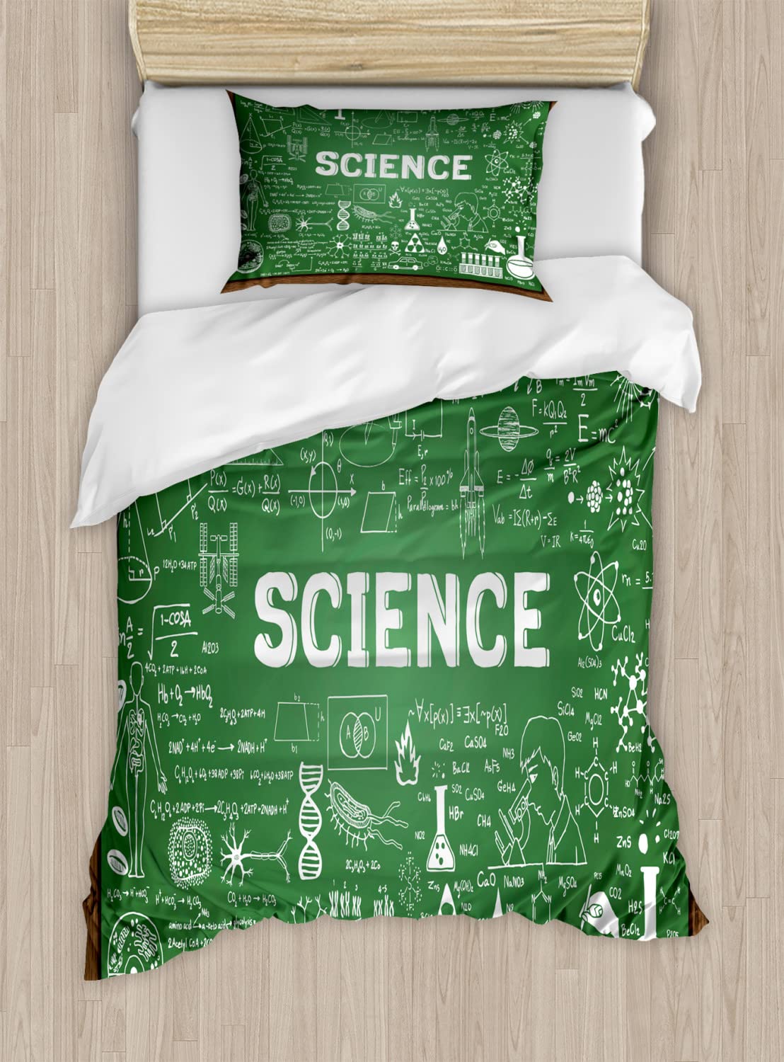 Ambesonne Biology Duvet Cover Set - Hand-Drawn Science Board Graphic Bedding Set with 2 Duvet Covers & 2 Pillowcases, Twin Size 2-Pack in Green, Brown & White - Perfect for Science Lovers, Students & Classroom Decor