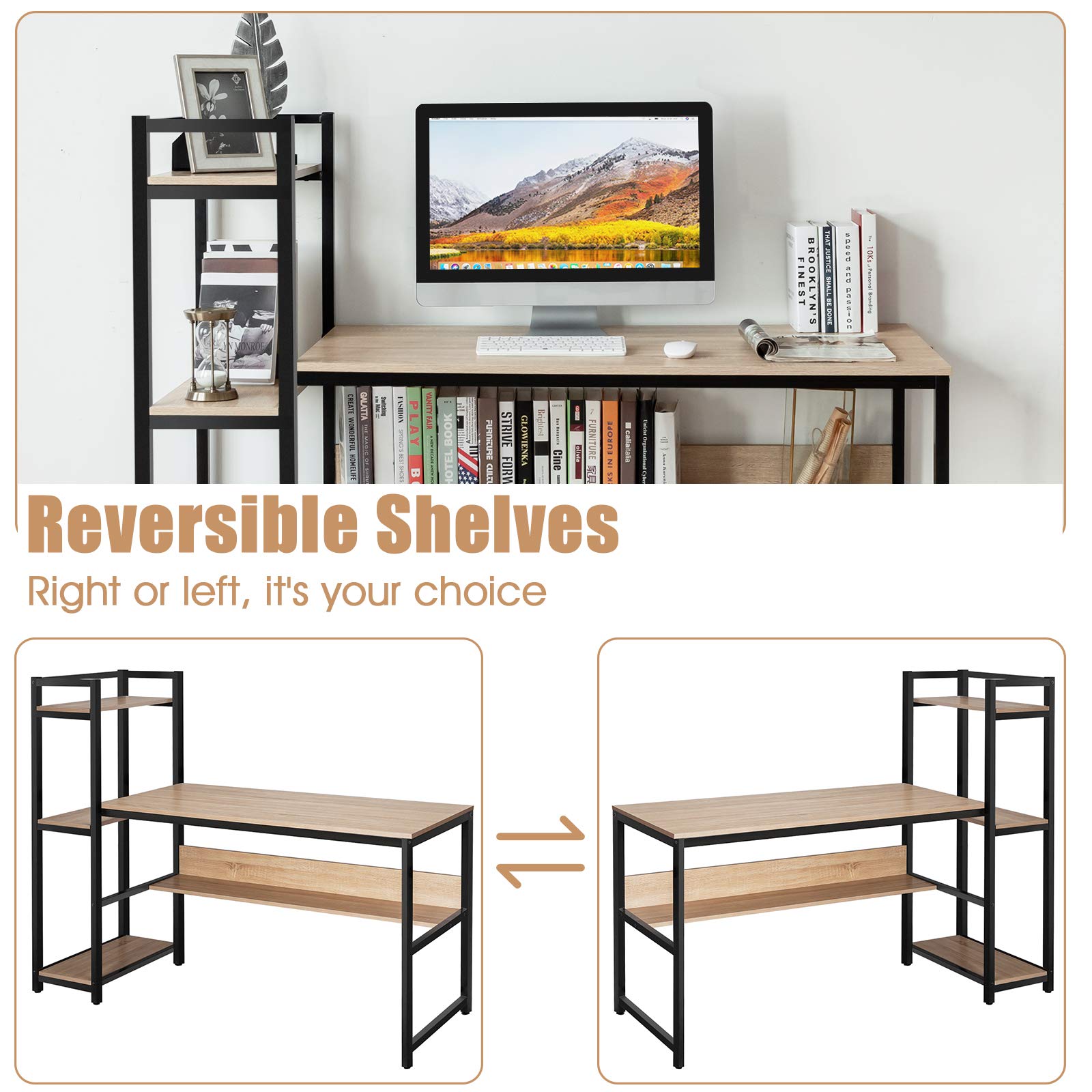 Tangkula 59-Inch Home Office Desk with Bookshelf & Storage | Sturdy Metal Frame Computer Workstation | Adjustable Foot Pads for Stability | Perfect for Small Spaces, Study Rooms & Home Offices