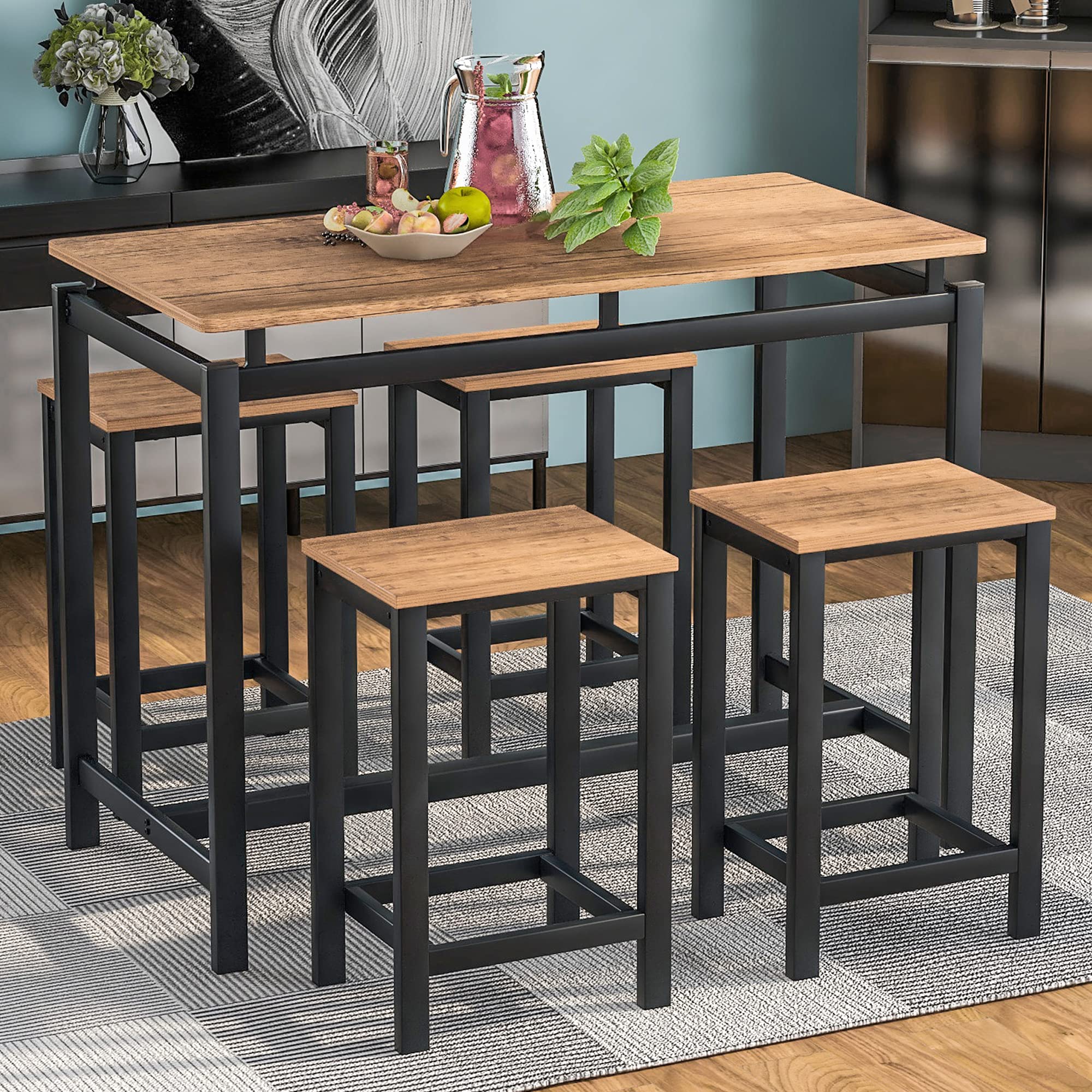 P PURLOVE 5-Piece Counter Height Kitchen Table Set - Modern Rectangle Dining Table with Sturdy Metal Legs & 4 Comfortable Chairs - Perfect for Small Kitchen, Breakfast Nook, Apartment Dining & Entertaining Guests
