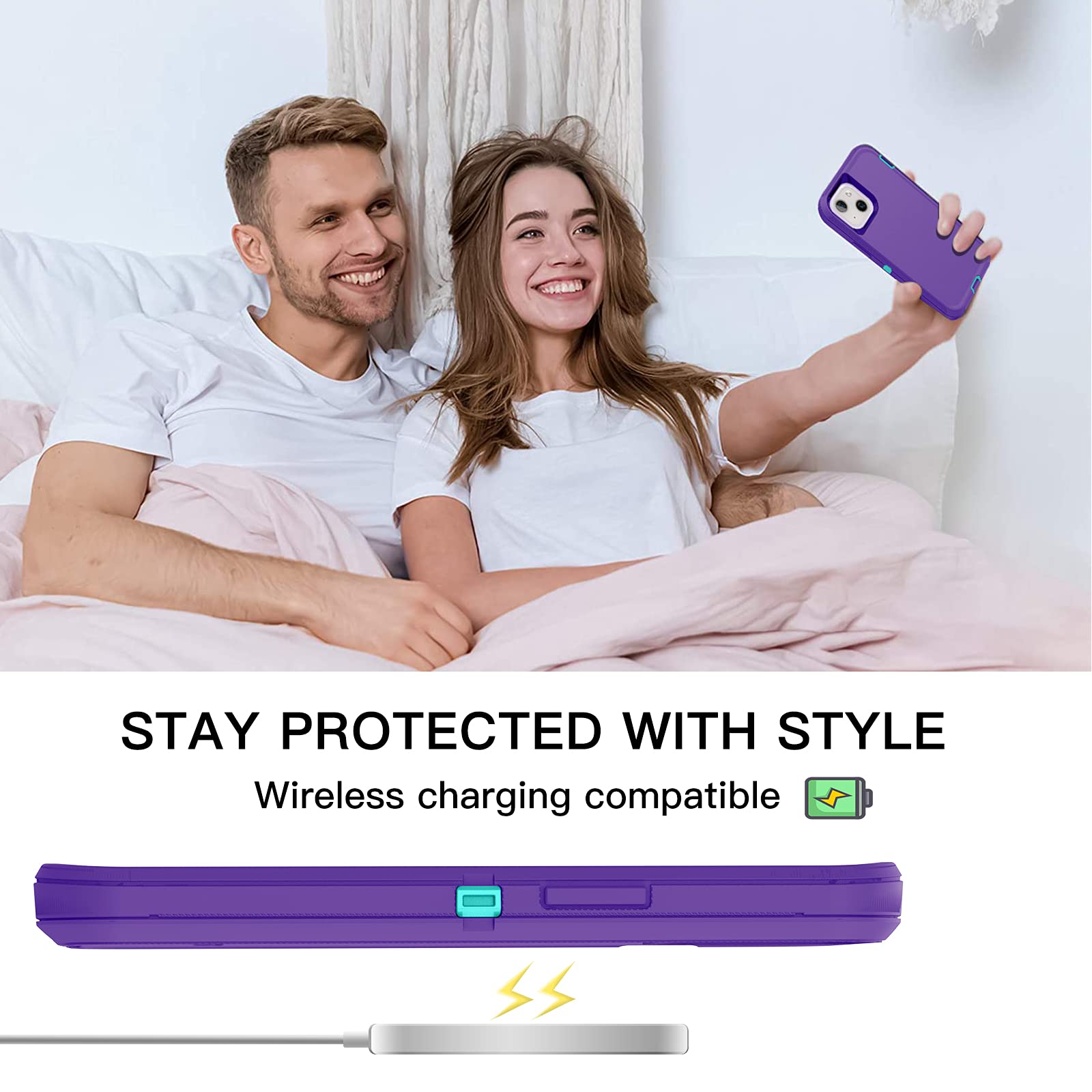 AICase Heavy Duty Military Grade Shockproof iPhone 13/14 Case with Belt Clip Holster & Screen Protector - Full Body Protection, Dustproof & Drop Proof Rugged Phone Cover (Purple) - Perfect for Construction, Outdoor Adventures & Active Lifestyles