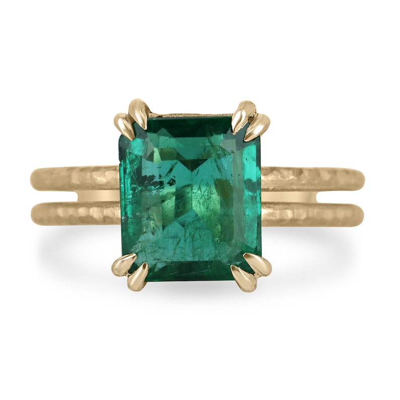 3.43ct Natural Earth-Mined Emerald 14K Gold Hammered Finish Split Shank Solitaire Ring for Women - Perfect for Engagement, Wedding, Anniversary & Special Occasions