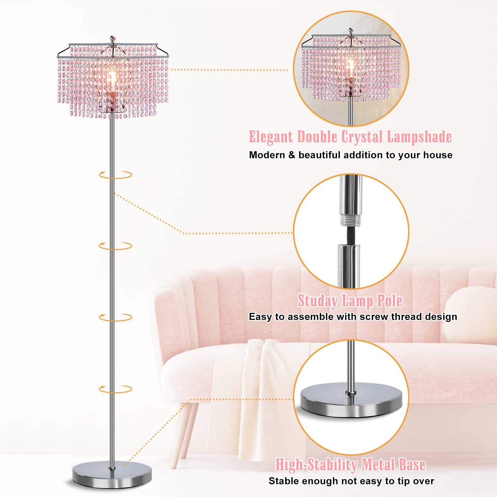Luvkczc Crystal Floor Lamp with Pack Crystal Table Lamp Set - LED Bulb Included, Pink - Elegant Lighting for Living Room, Bedroom & Office Decor