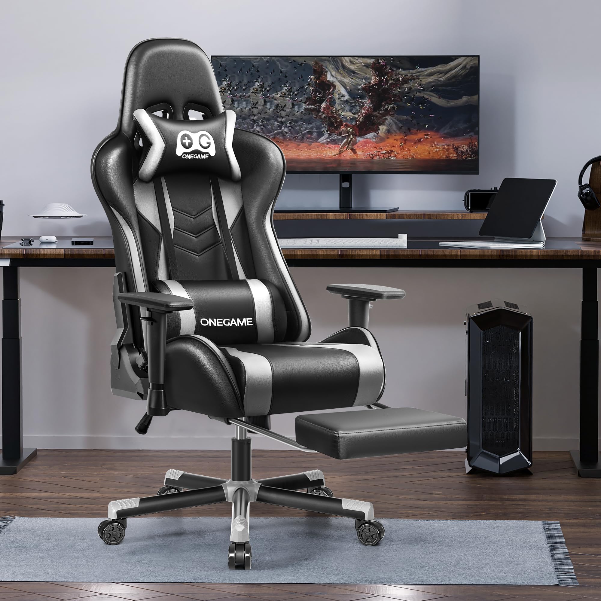 OneGame Ergonomic Gaming Chair for Adults - 3D Adjustable Armrests, Footrest & Lumbar Support - PU Leather Racing Style Computer Chair for Office & Video Games (Black/Gray) - Perfect for Esports, Streaming & Home Office Workspace