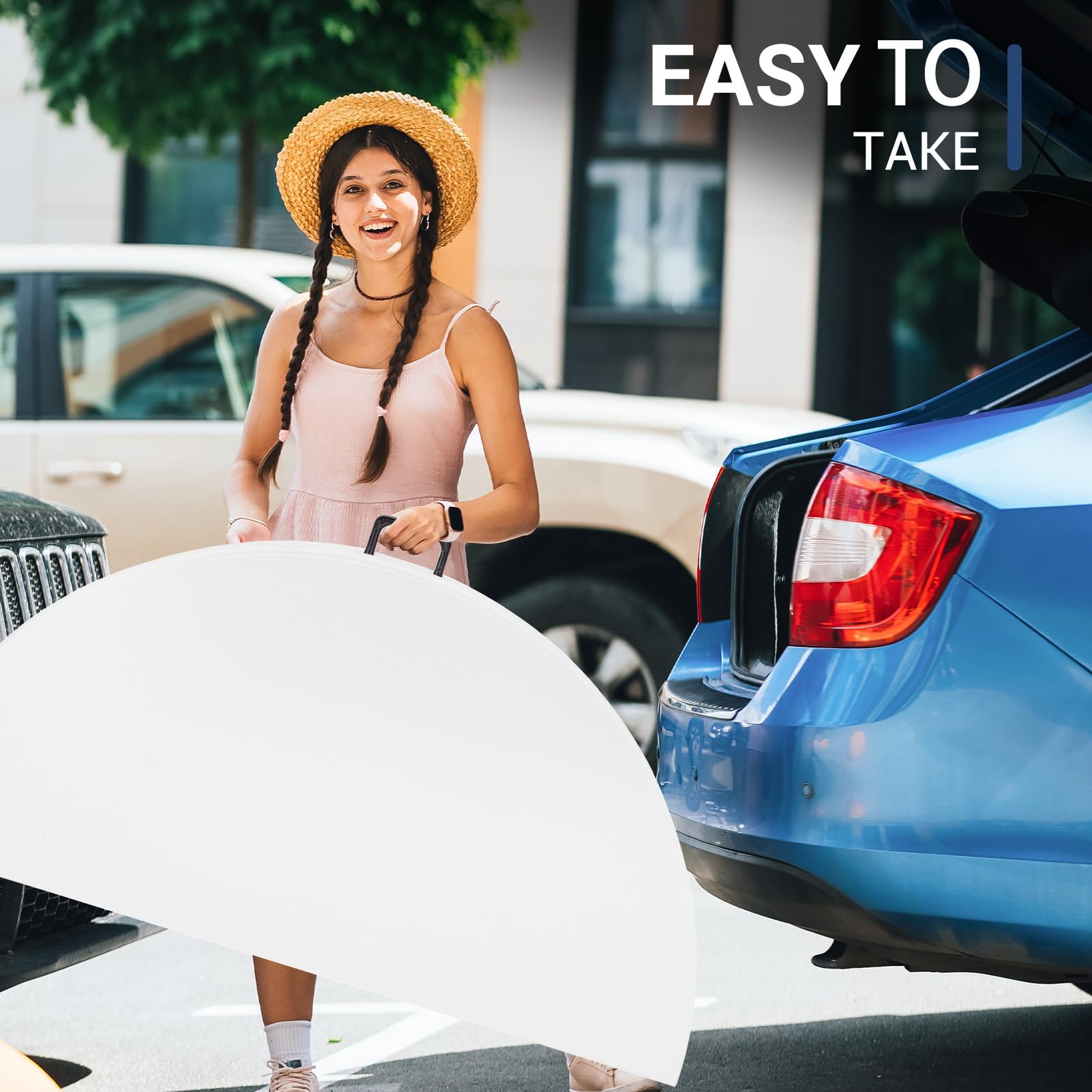 48in Round Folding Table with Carrying Handle - White 4ft Portable Plastic Dining Table for Kitchen, Outdoor, Party, Wedding & Events | Perfect for Picnics, BBQs, Banquets and Home Use