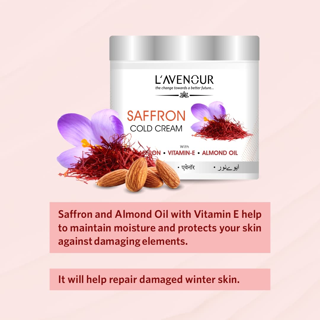 L'avenour Saffron Cold Cream - Vitamin E Enriched with Saffron & Almond Oil for Dry Skin Care | SLS & Paraben Free Moisturizing Cream for Hands & Body (100ml) | Perfect for Daily Hydration, Night Skincare Routine & Winter Skin Protection