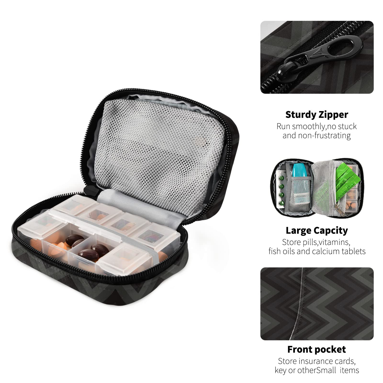 Dark Gray Geometric Travel Pill Organizer - 7 Day Weekly Pill Case with Small Compartments, Cute Vitamin Holder & Medicine Box for Daily Use - Perfect for Travel, Work, and Home Organization