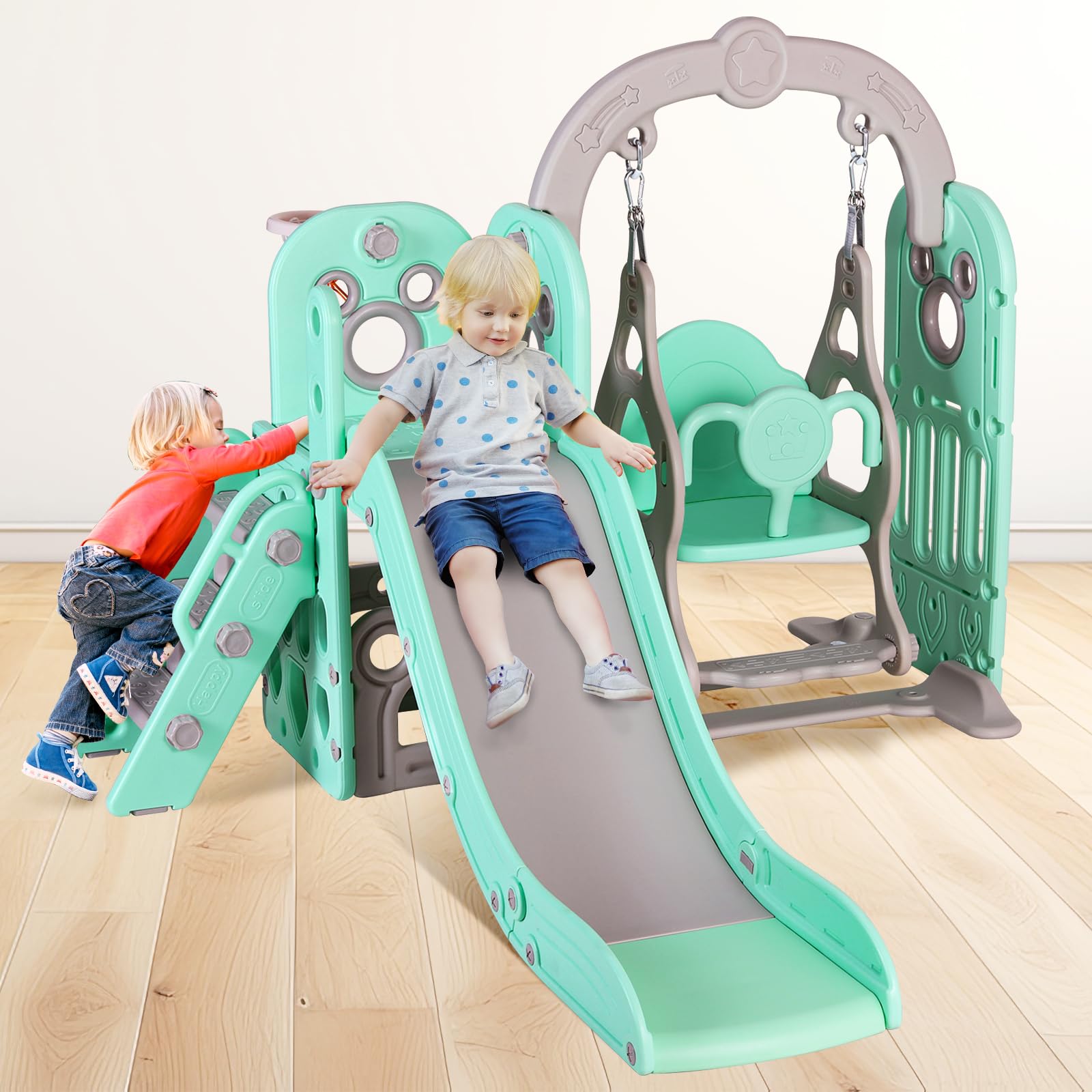 MAMIZO 6-in-1 Toddler Slide and Swing Set with Climber, Storage Bin & Basketball Hoop - Indoor/Outdoor Kids Playground Equipment for Backyard, Garden, or Playroom - Includes Reinforced Suction Cups & Ball (Green)
