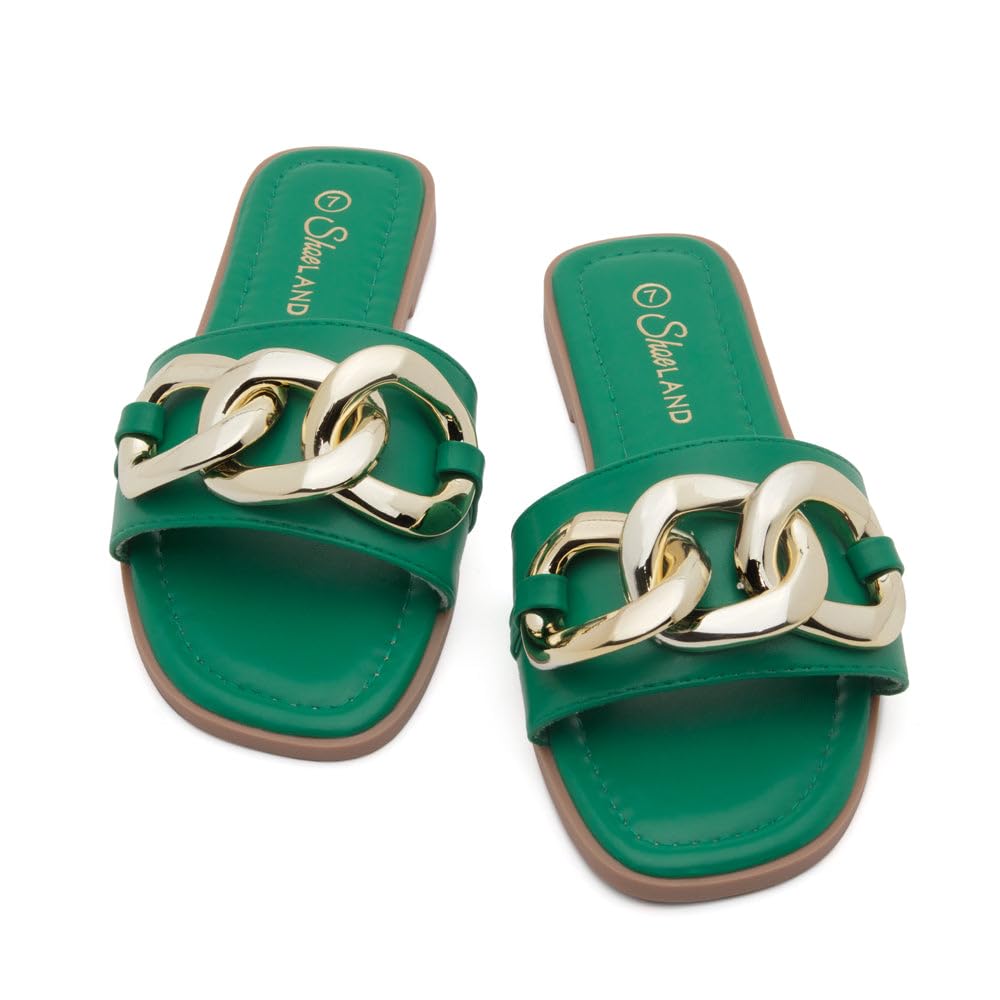 EMMA Women's Flat Sandals - Square Open Toe Slides with Metal Chain & Cushioned Footbed | Comfortable Slip-On Slippers for Summer, Beach, Walking & Daily Wear
