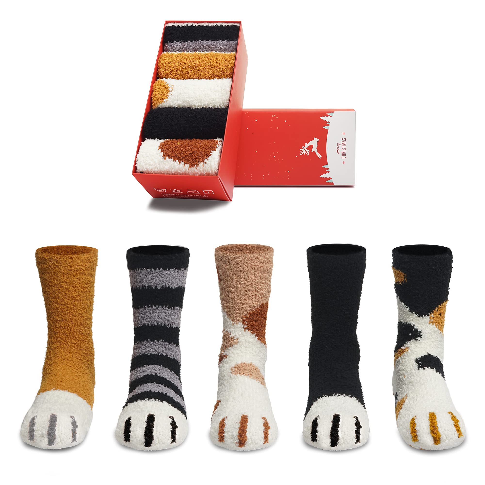 Warm Fuzzy Socks for Women - Cozy Winter Cat Paw Slipper Socks with Non-Slip Grip | Soft Fluffy House Socks with Gift Box | Perfect for Lounge, Sleep & Cold Weather