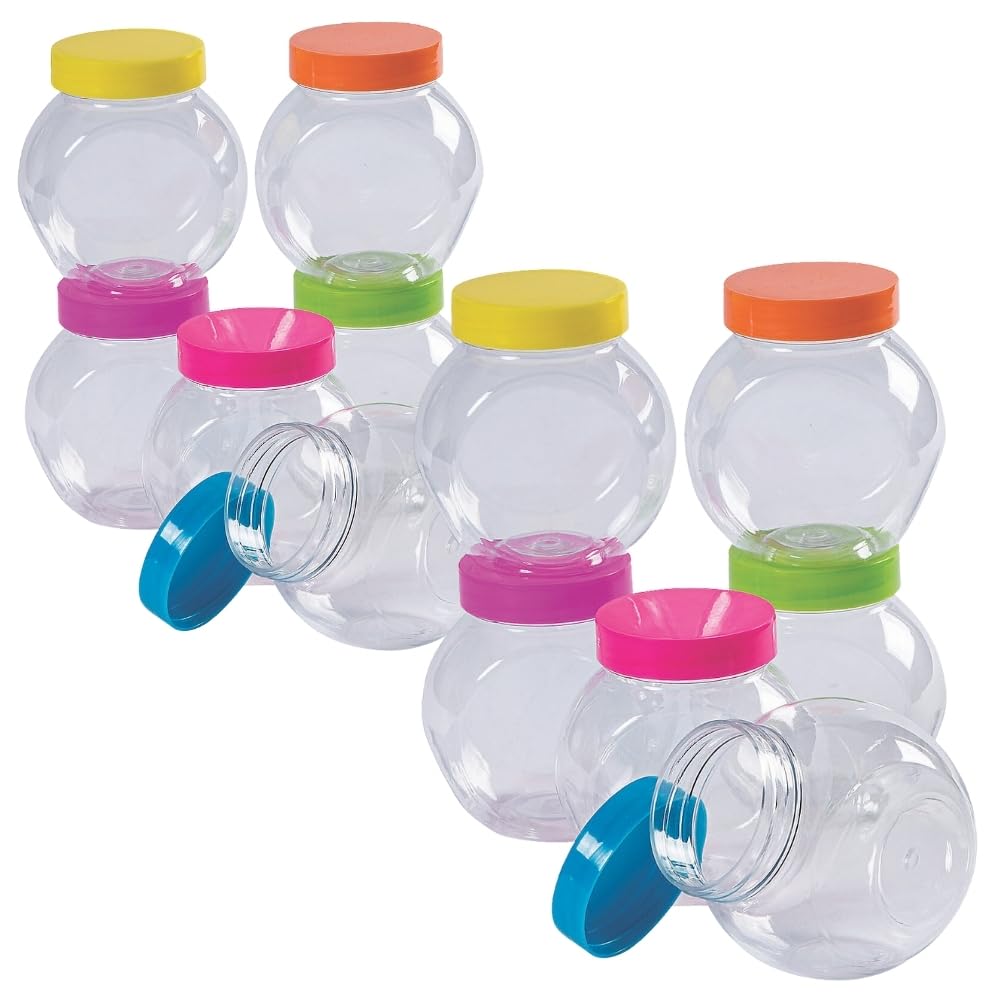 Fun Express Small Round Storage Jars with Bright Lids - Set of 12 - Perfect for Craft Supplies, Classroom Organization & Office Storage - Ideal for Beads, Buttons, Stationery & Small Item Storage