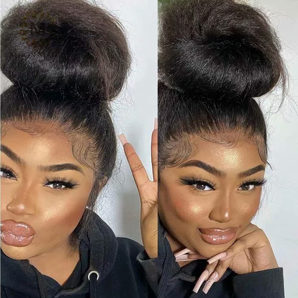 360 HD Lace Front Human Hair Wig - 14 Inch Kinky Straight Brazilian Hair with 150% Density | Glueless Full Lace Wig for Women | Perfect for Daily Wear, Cosplay & Special Occasions