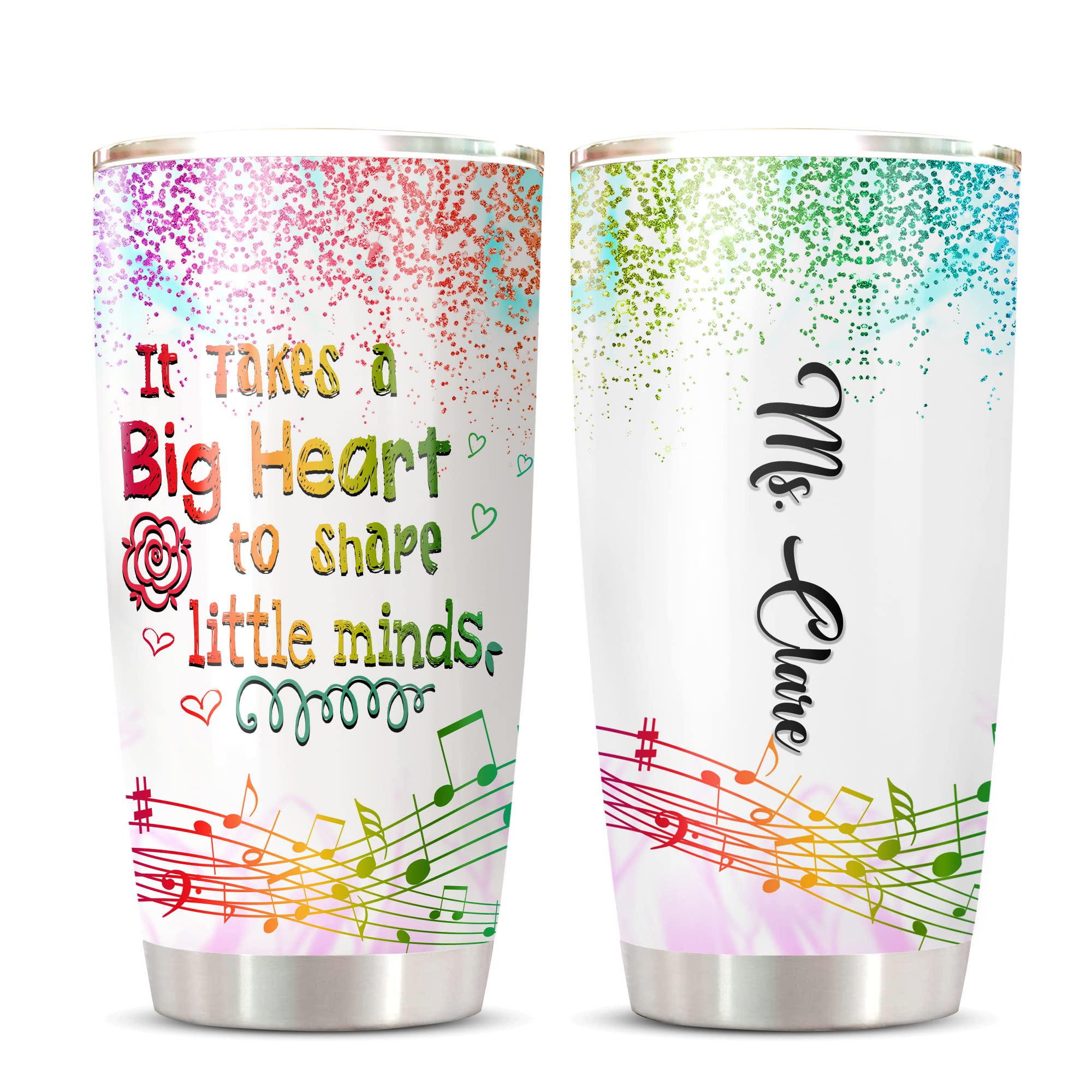 Personalized Teacher Tumbler - Custom Engraved 'It Takes A Big Heart To Teach Little Minds' Insulated Travel Mug with Glitter Music Notes - Perfect Gift for Educators, Coffee & Iced Beverages - Great for Classroom, Office & Commuting